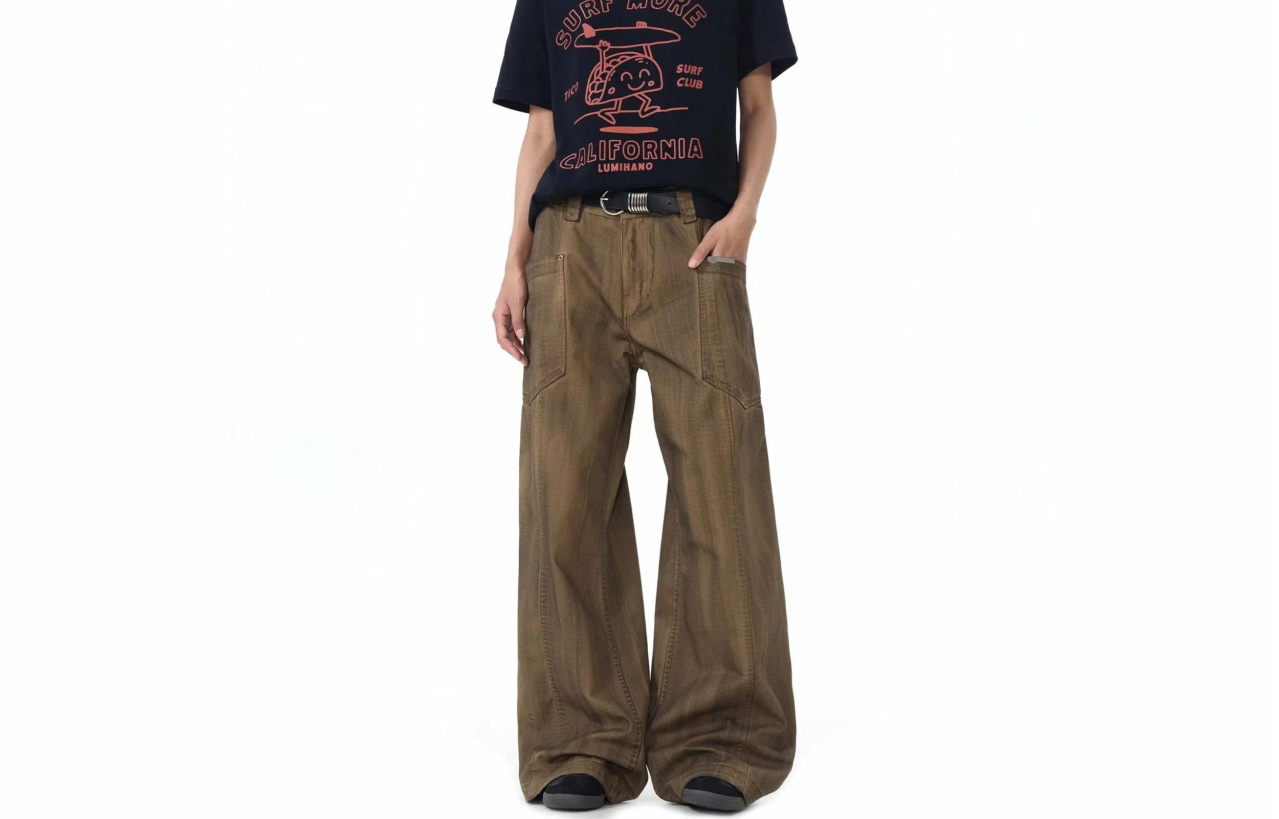 王者荣耀 标语款 美式复古水洗做旧脏脏裤大口袋金属夹标装饰宽松百搭舒适垂感休闲废土风潮牌牛仔裤 男女同款 棕色