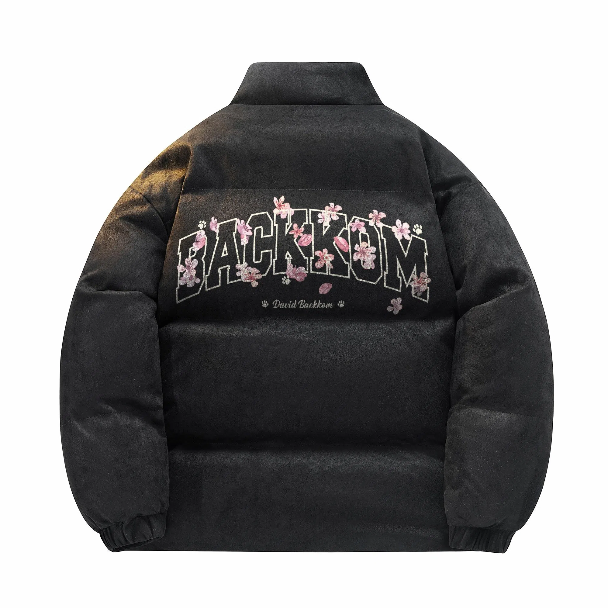 大卫贝肯 美式高街背面樱花花卉图案字母印花日常通勤百搭宽松休闲立领棉服 男女同款 黑色