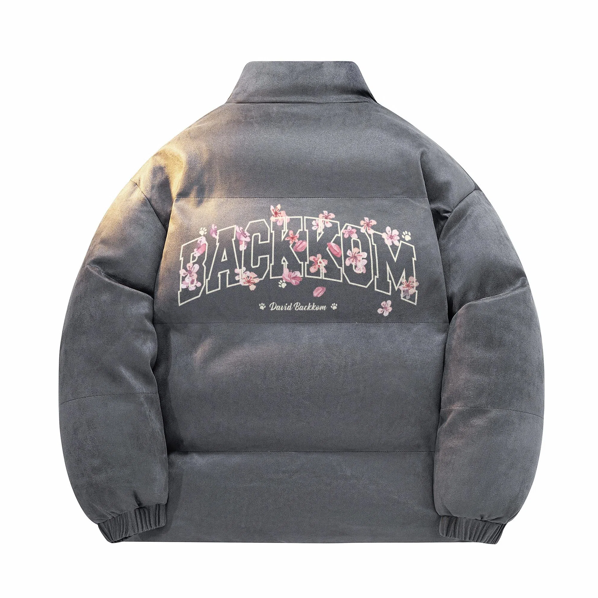 大卫贝肯 美式高街背面樱花花卉图案字母印花日常通勤百搭宽松休闲立领棉服 男女同款 黑色