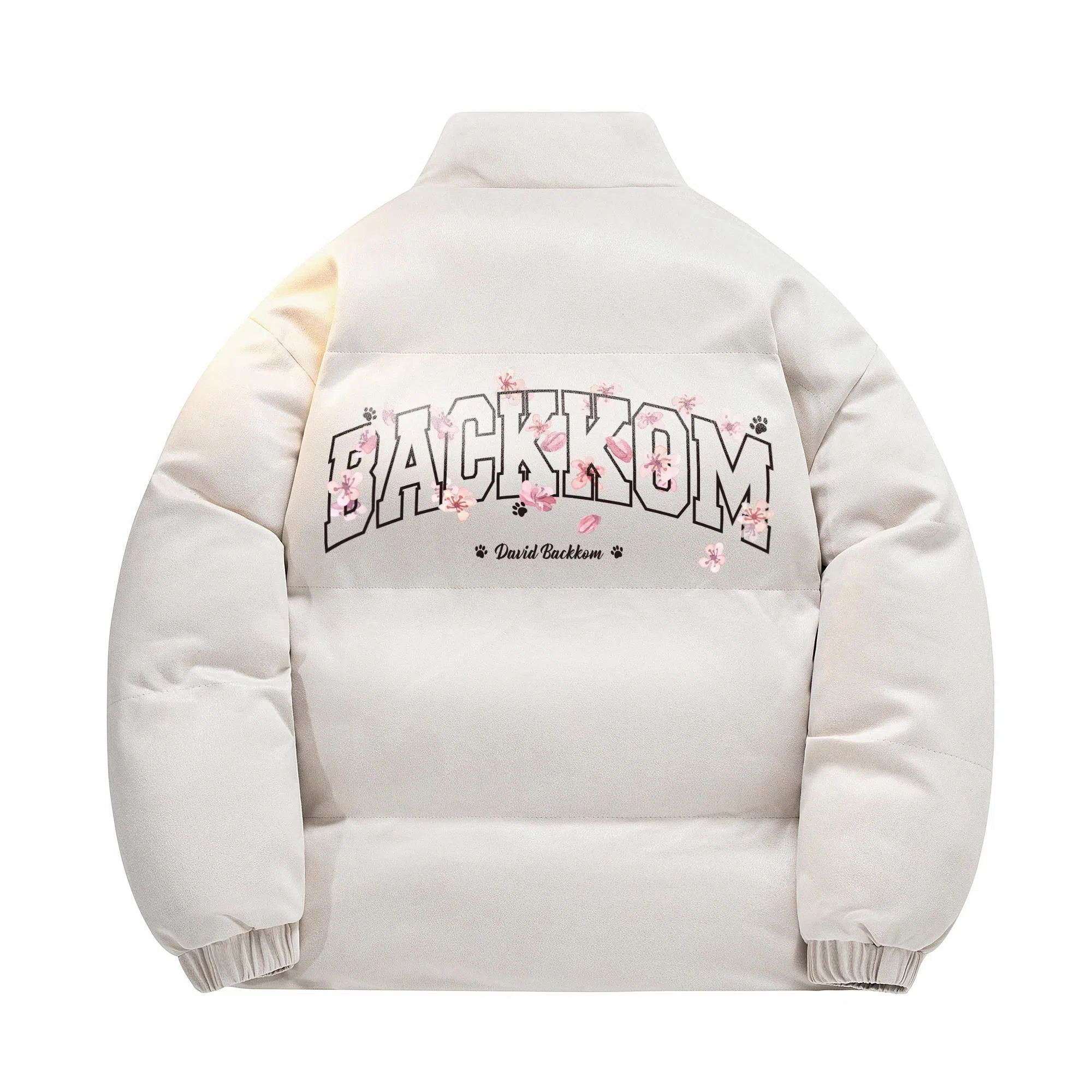 大卫贝肯 美式高街背面樱花花卉图案字母印花日常通勤百搭宽松休闲立领棉服 男女同款 黑色