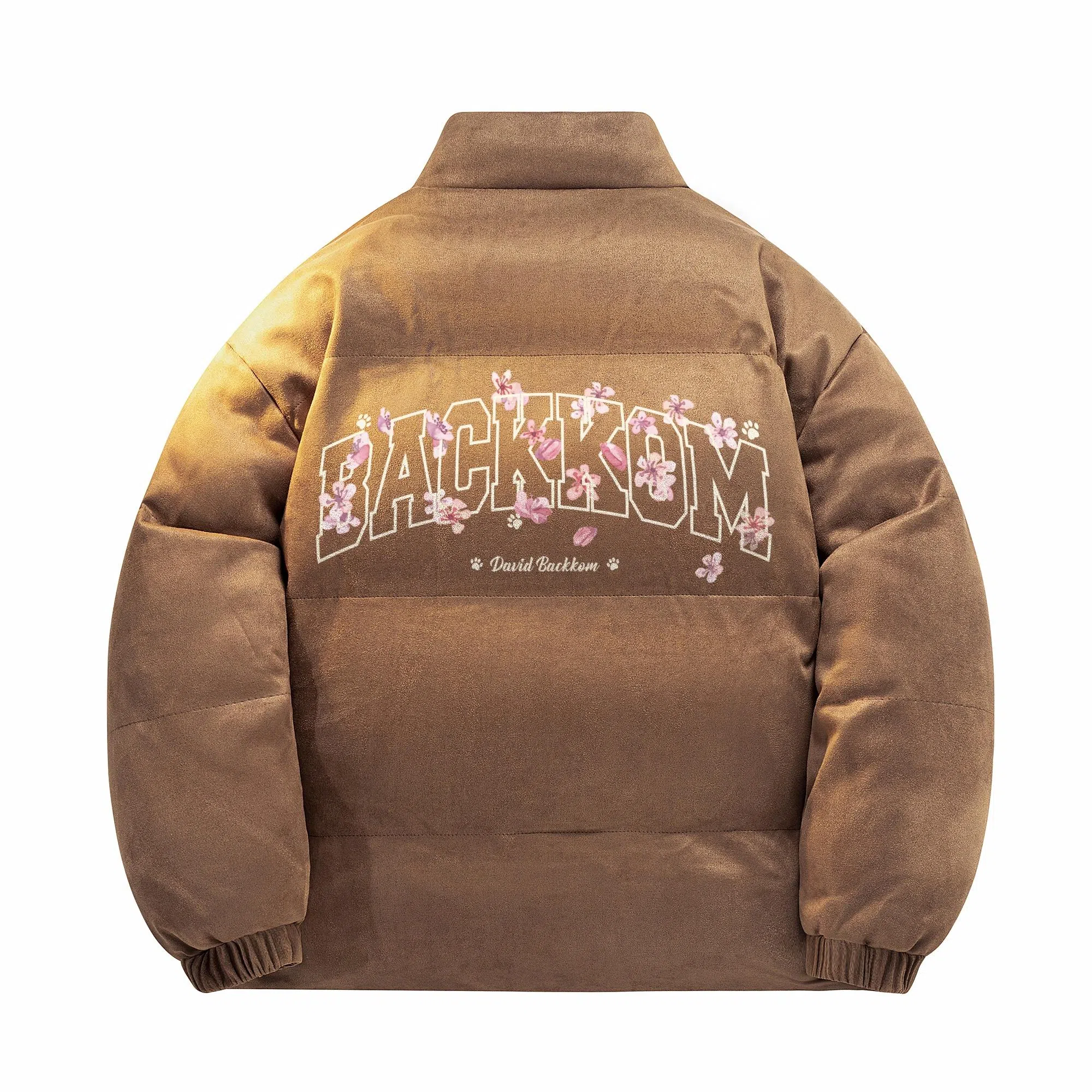 大卫贝肯 美式高街背面樱花花卉图案字母印花日常通勤百搭宽松休闲立领棉服 男女同款 黑色