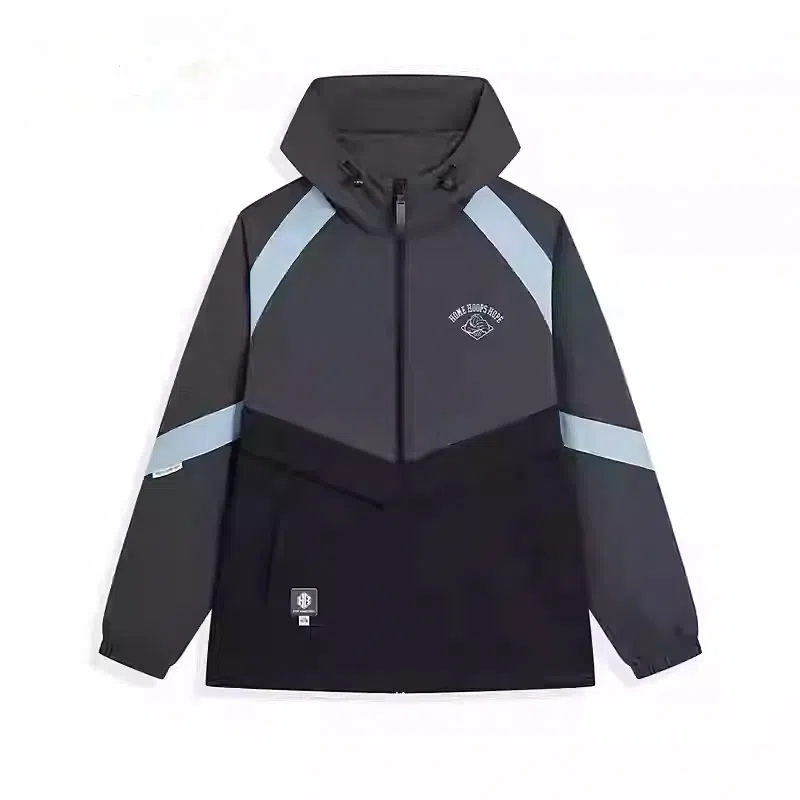 特步 篮球系列运动生活系列 拼色字母拉链连帽舒适透气百搭宽松风衣 男款 牛角灰/正黑色/烽烟蓝