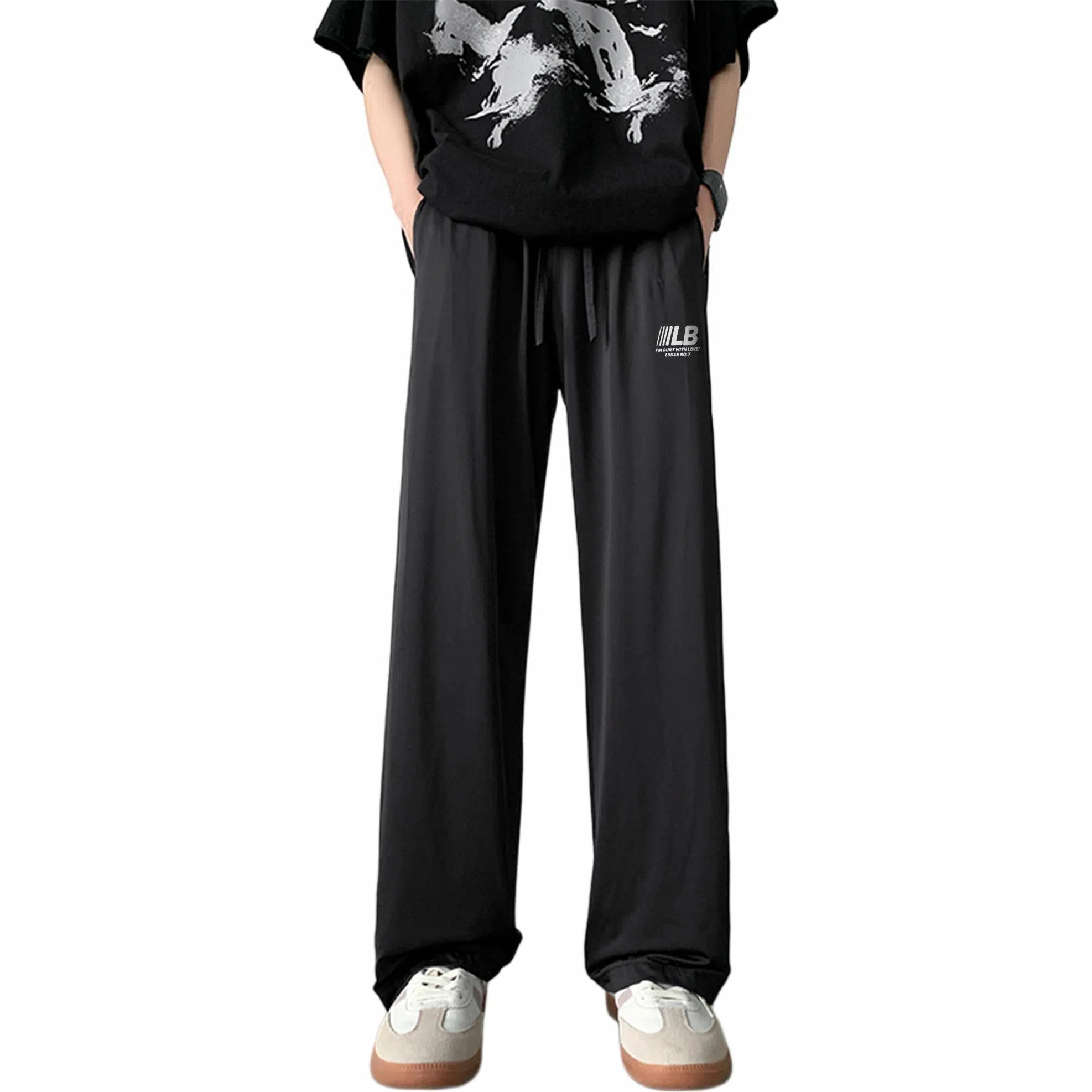 王者荣耀 鲁班七号星空梦想款 美式基础款冰丝宽松直筒透气通勤百搭户外运动系带松紧薄款拖地中腰休闲裤 男女同款 黑色