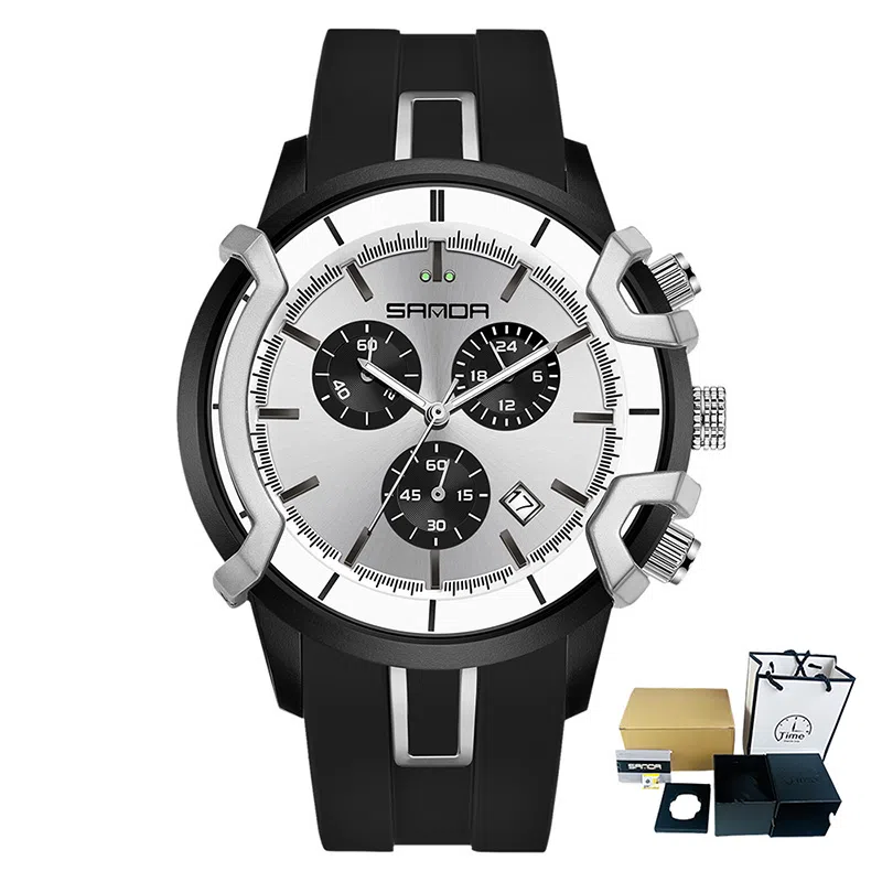 三达潮流酷炫个性百搭休闲学生 石英机芯 国表 男表 黑色表盘 夜光效果日历夜光防震防水