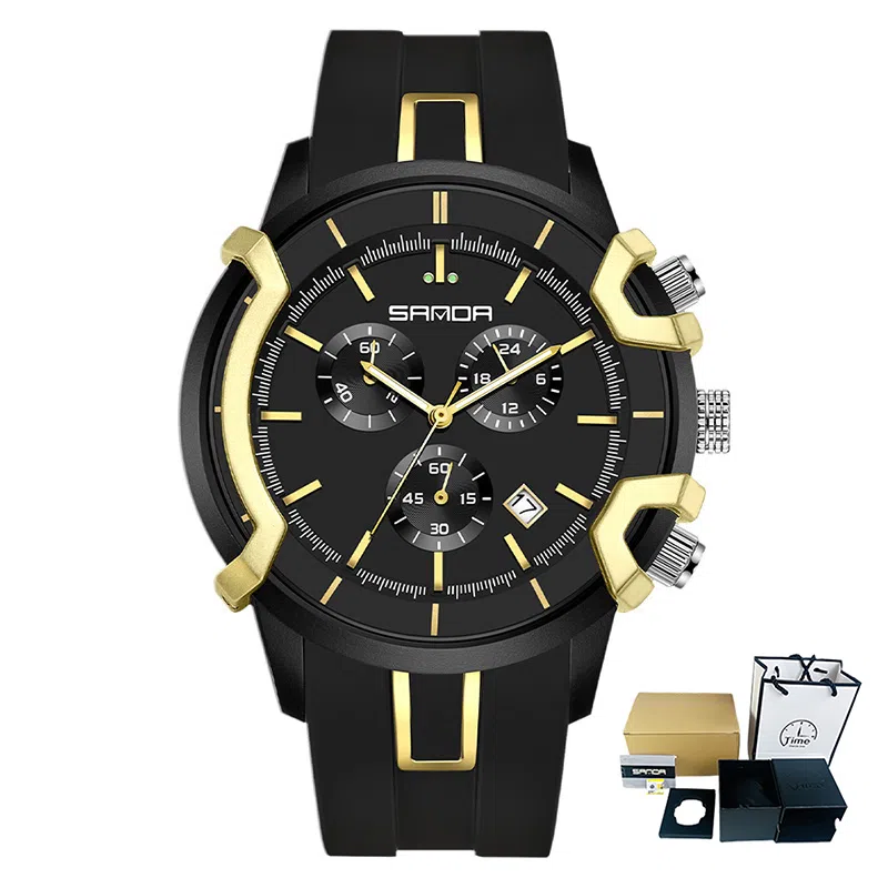 三达潮流酷炫个性百搭休闲学生 石英机芯 国表 男表 黑色表盘 夜光效果日历夜光防震防水