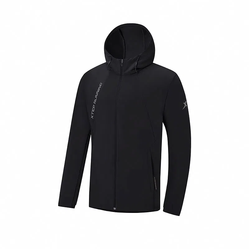 特步 运动生活系列 跑步系列 字母拉链连帽舒适透气百搭风衣 男款 正黑色