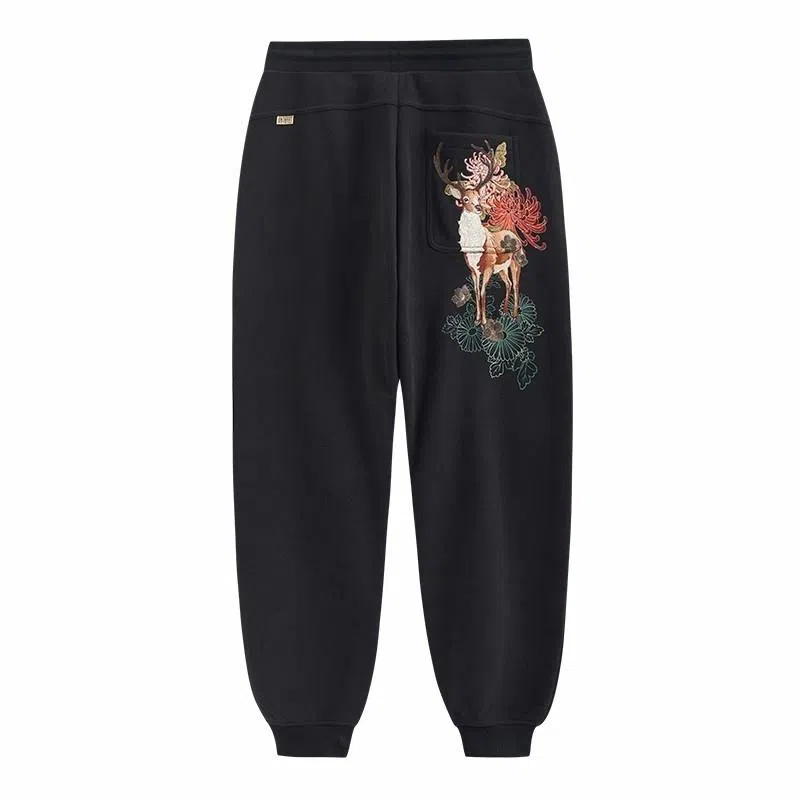 鬼洗 棒系列 泥棒蓝雕花鹿绣花加绒针织运动裤 男款 黑色