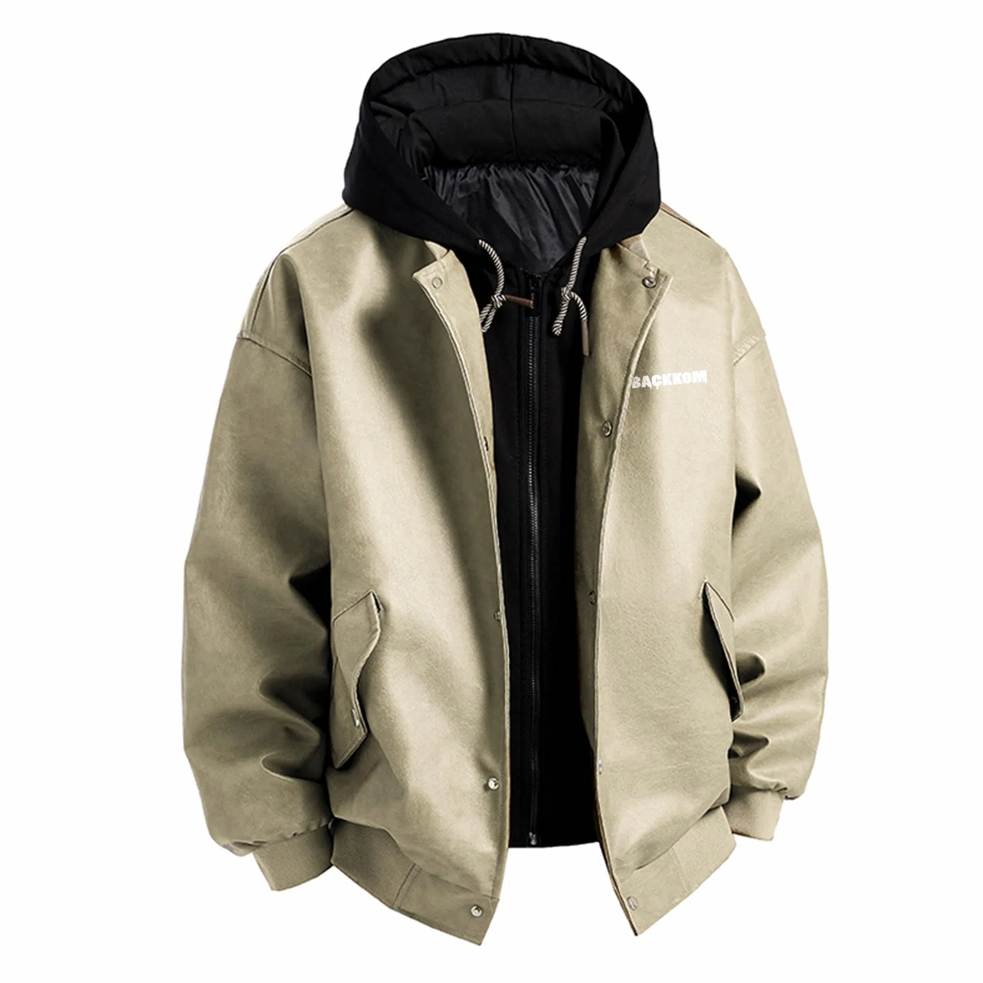 大卫贝肯 美式复古字母印花宽松休闲百搭假两件连帽皮衣 男女同款 黑色