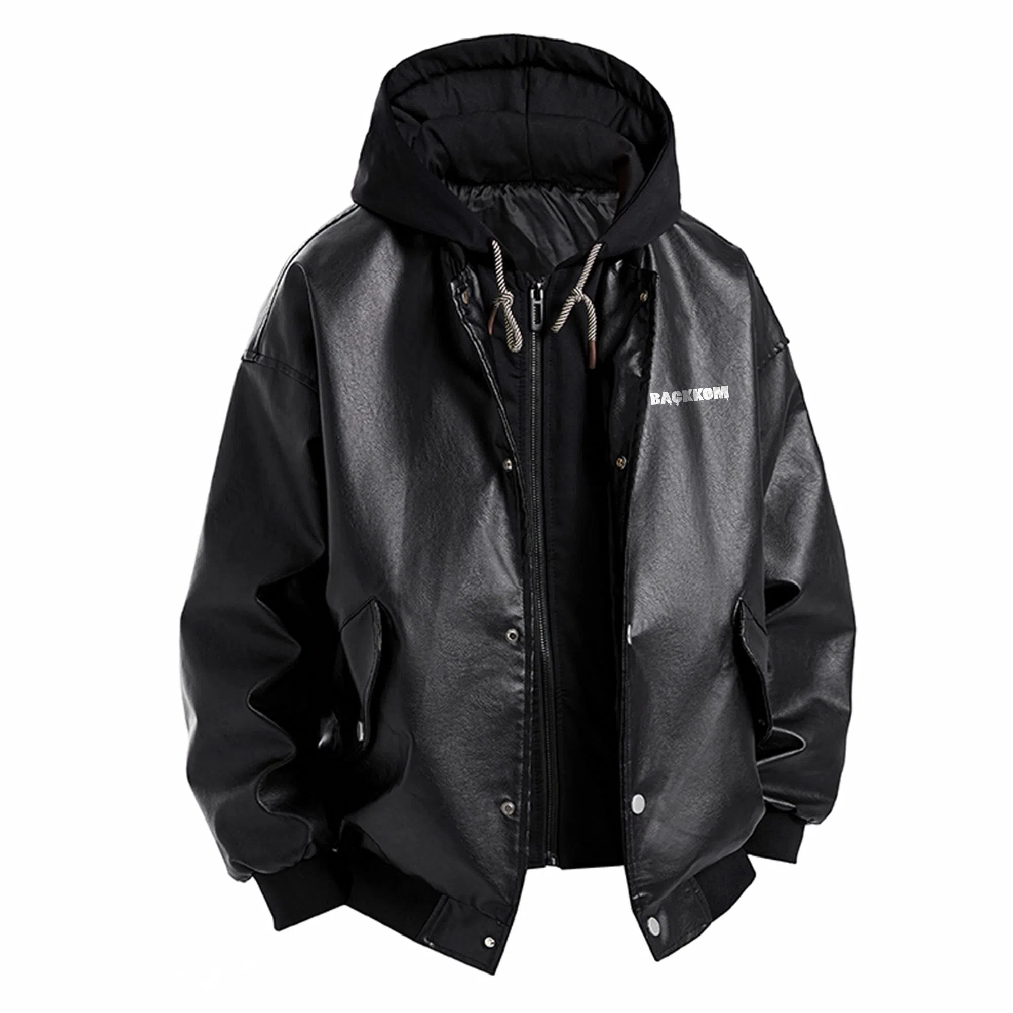 大卫贝肯 美式复古字母印花宽松休闲百搭假两件连帽皮衣 男女同款 黑色