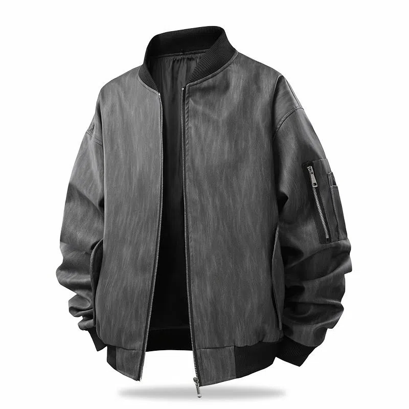 快鱼 美式高街复古纯色基础款不规则拉链宽松百搭时尚个性舒适柔软长袖皮衣 男女同款