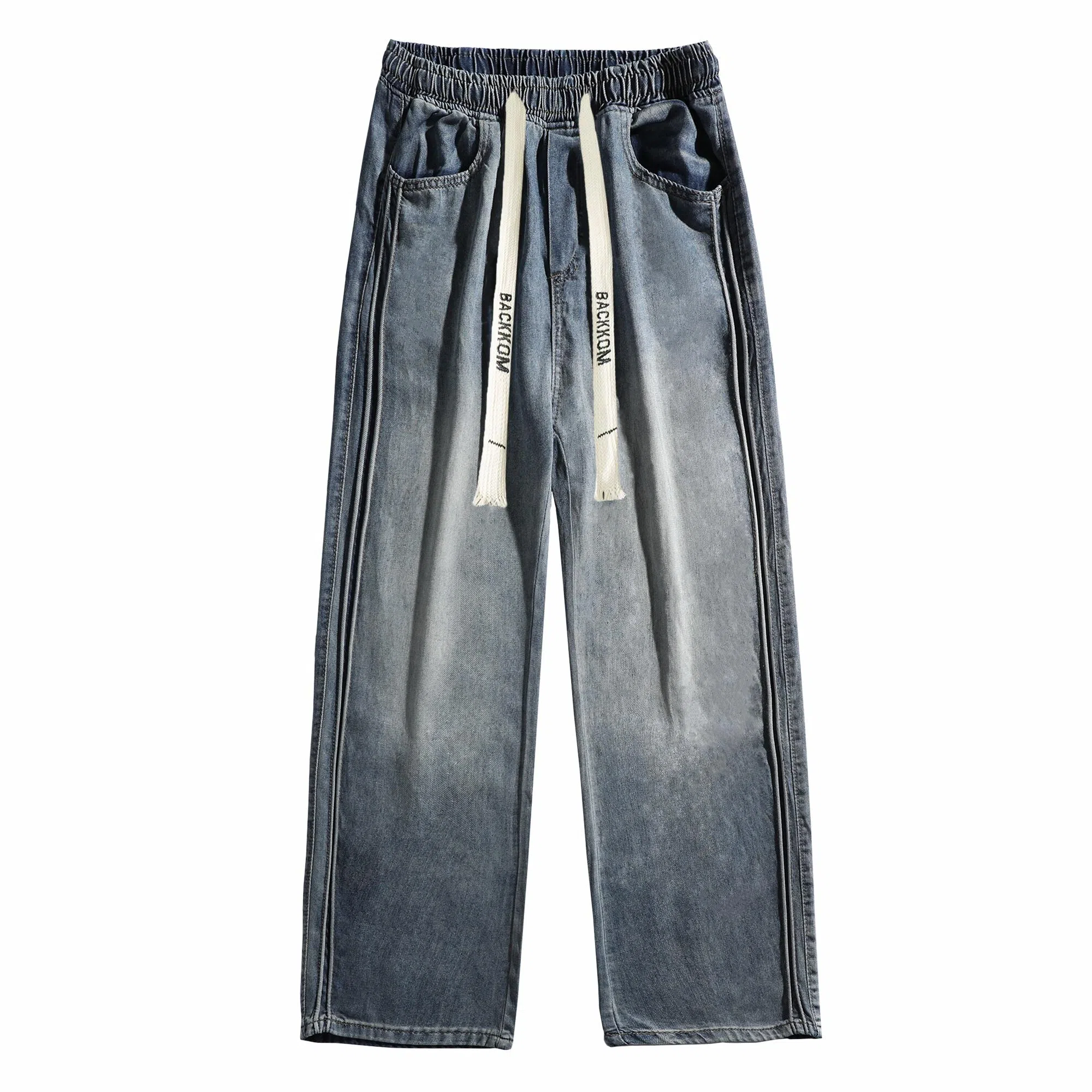 大卫贝肯 美式复古简约字母印花松紧抽绳腰日常休闲宽松直筒牛仔裤 男女同款