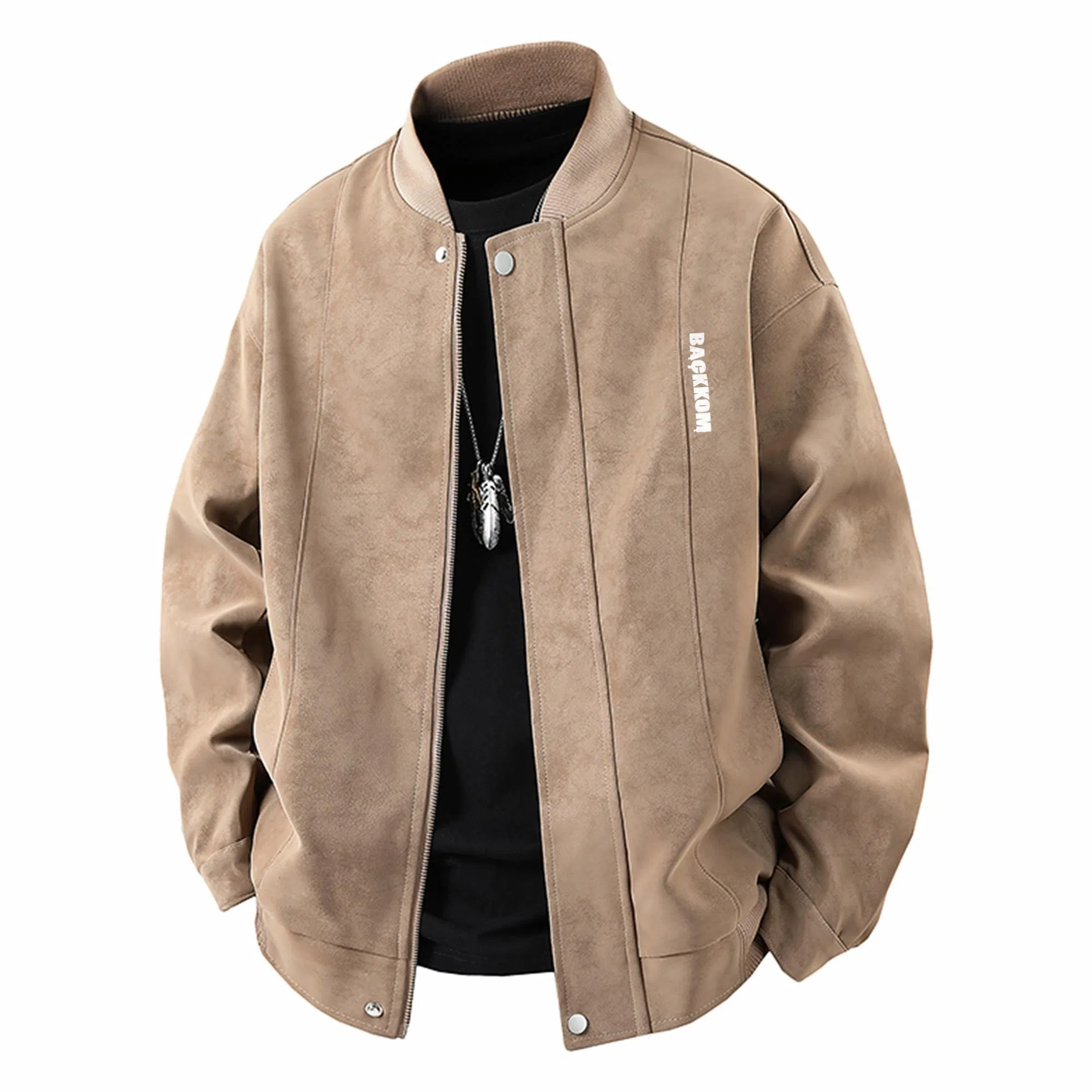 大卫贝肯 美式复古时尚潮流字母印花宽松休闲百搭美拉德机车棒球领皮衣 男女同款 黑色