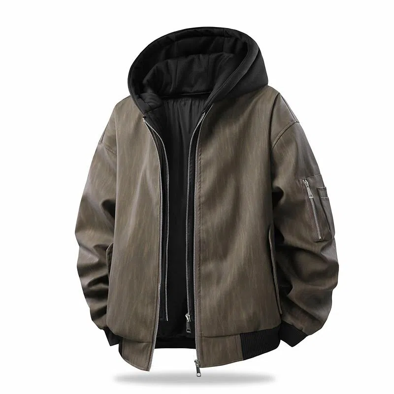 快鱼 美式高街复古纯色基础款不规则拉链宽松百搭时尚个性舒适柔软长袖皮衣 男女同款