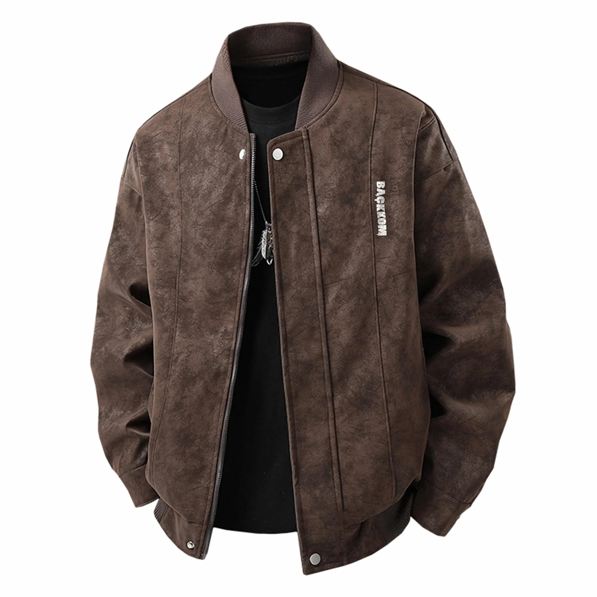 大卫贝肯 美式复古时尚潮流字母印花宽松休闲百搭美拉德机车棒球领皮衣 男女同款 黑色