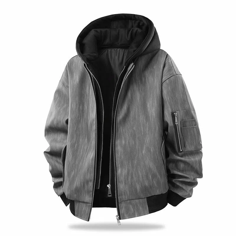 快鱼 美式高街复古纯色基础款不规则拉链宽松百搭时尚个性舒适柔软长袖皮衣 男女同款