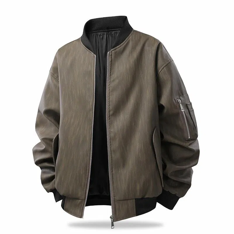 快鱼 美式高街复古纯色基础款不规则拉链宽松百搭时尚个性舒适柔软长袖皮衣 男女同款