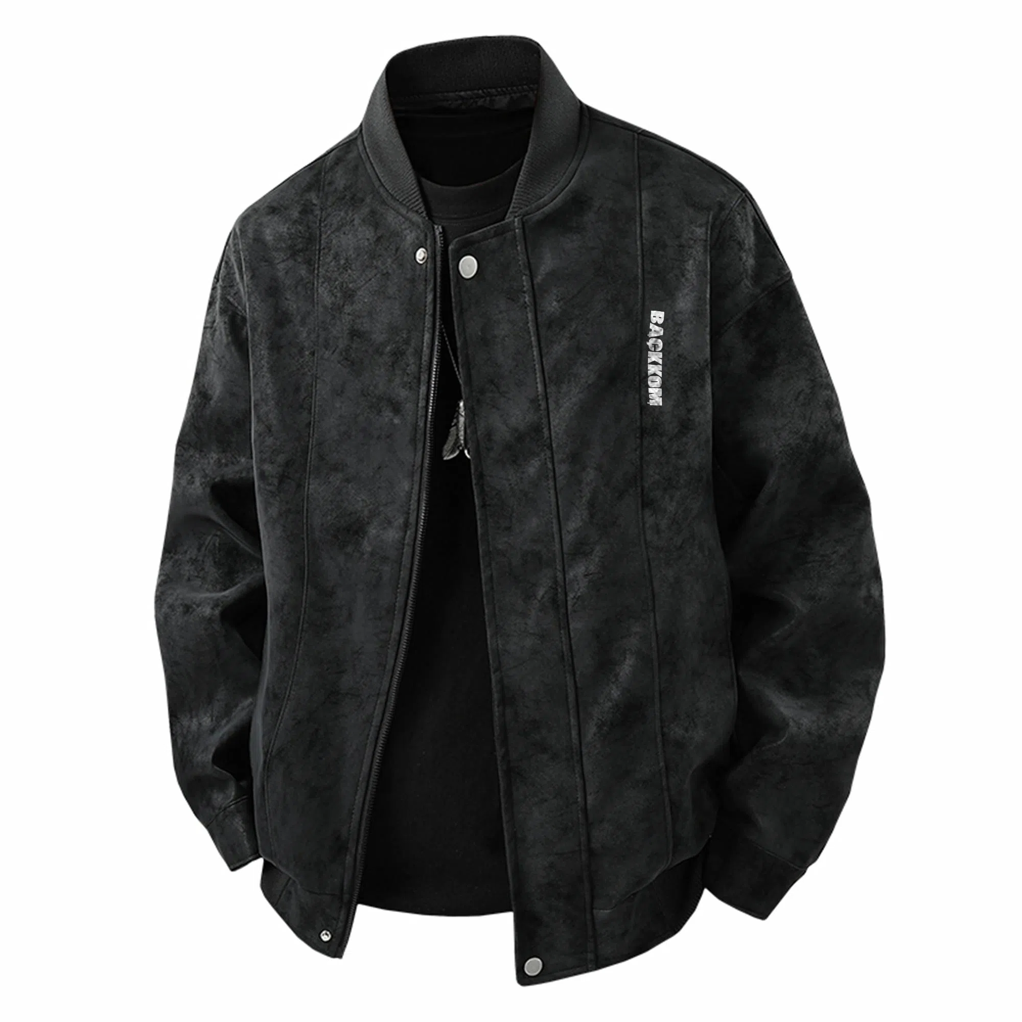 大卫贝肯 美式复古时尚潮流字母印花宽松休闲百搭美拉德机车棒球领皮衣 男女同款 黑色