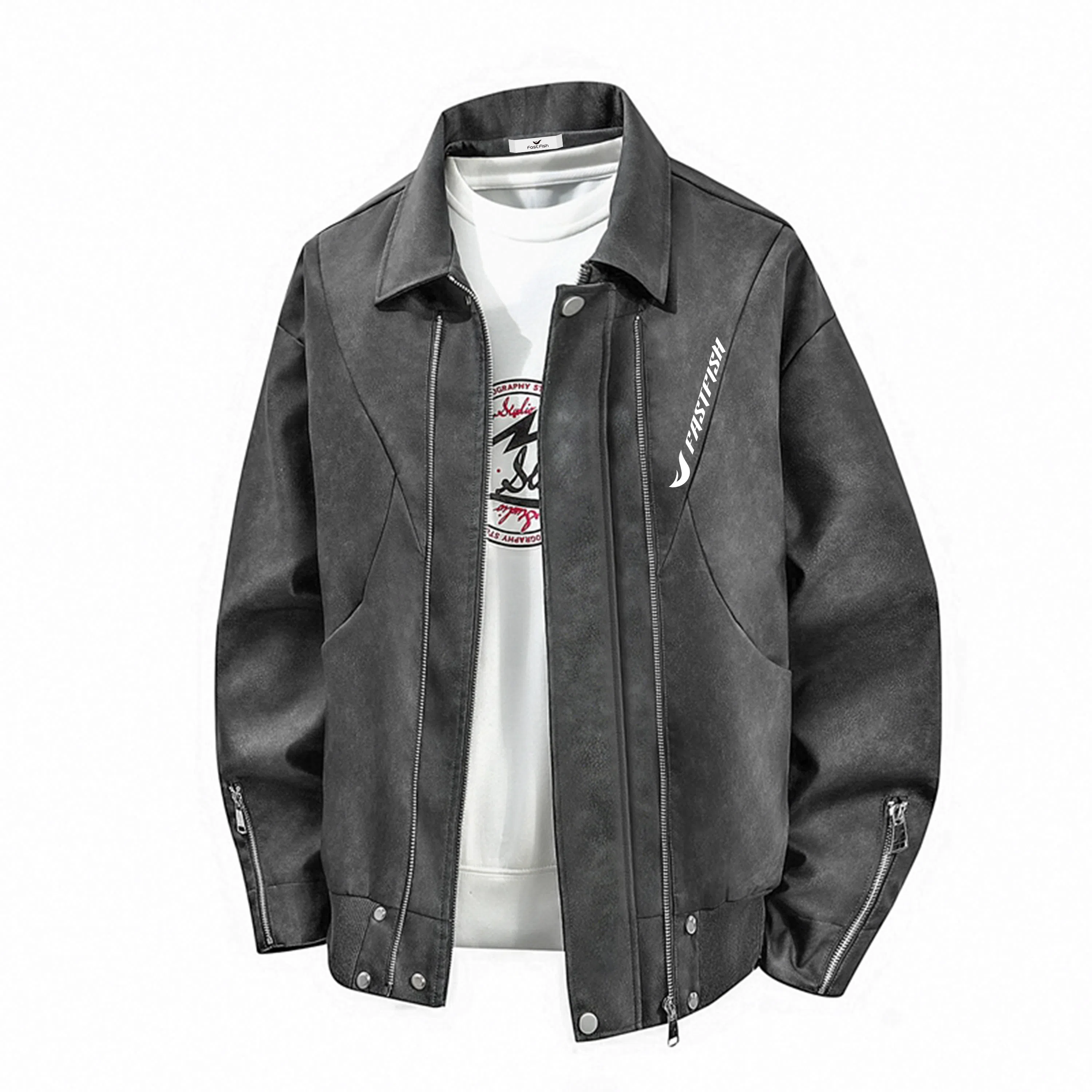 快鱼 美式高街潮流品牌时尚百搭简约舒适袖口可调节耐磨防风经典机车翻领宽松舒适复古长袖皮衣 男女同款