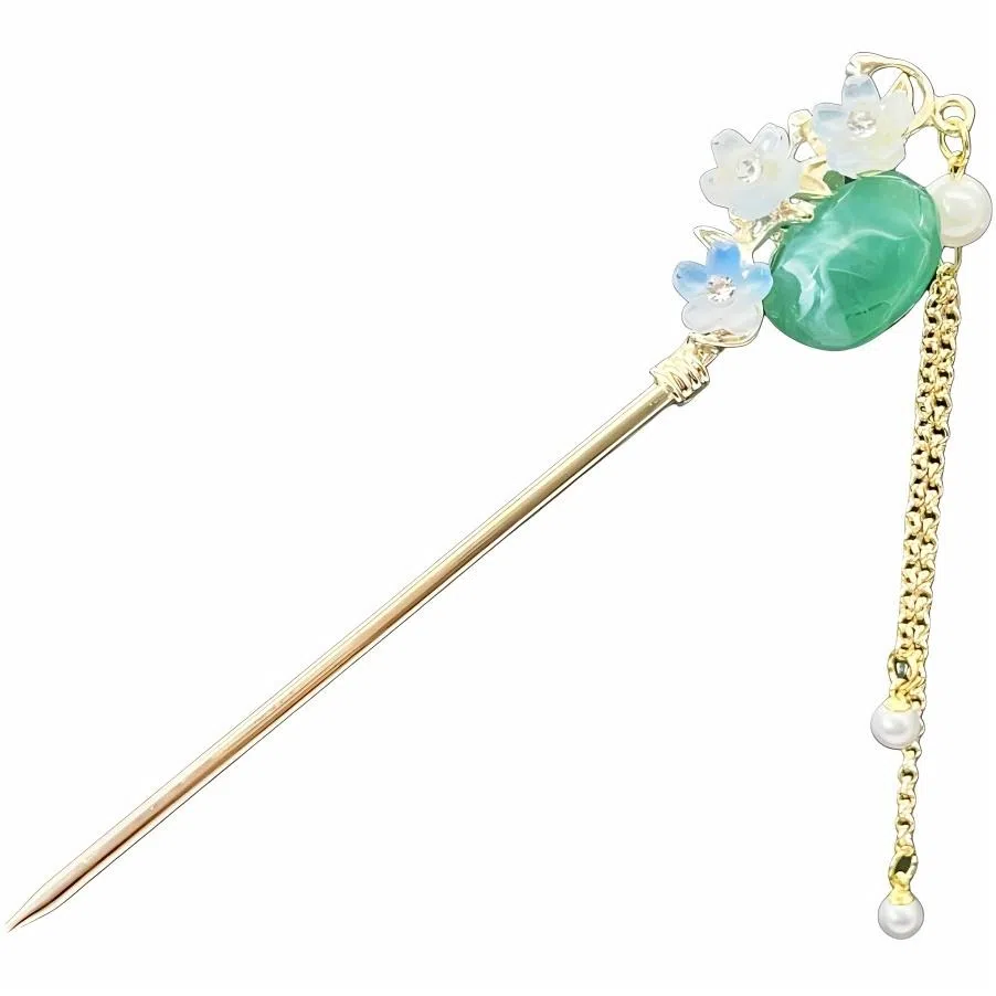 【花好月圆】 指尖瑰宝 新中式古风琉璃花朵中式高级感小众汉服盘发流苏步摇汉服旗袍马面裙百搭 镀银 发簪 女款