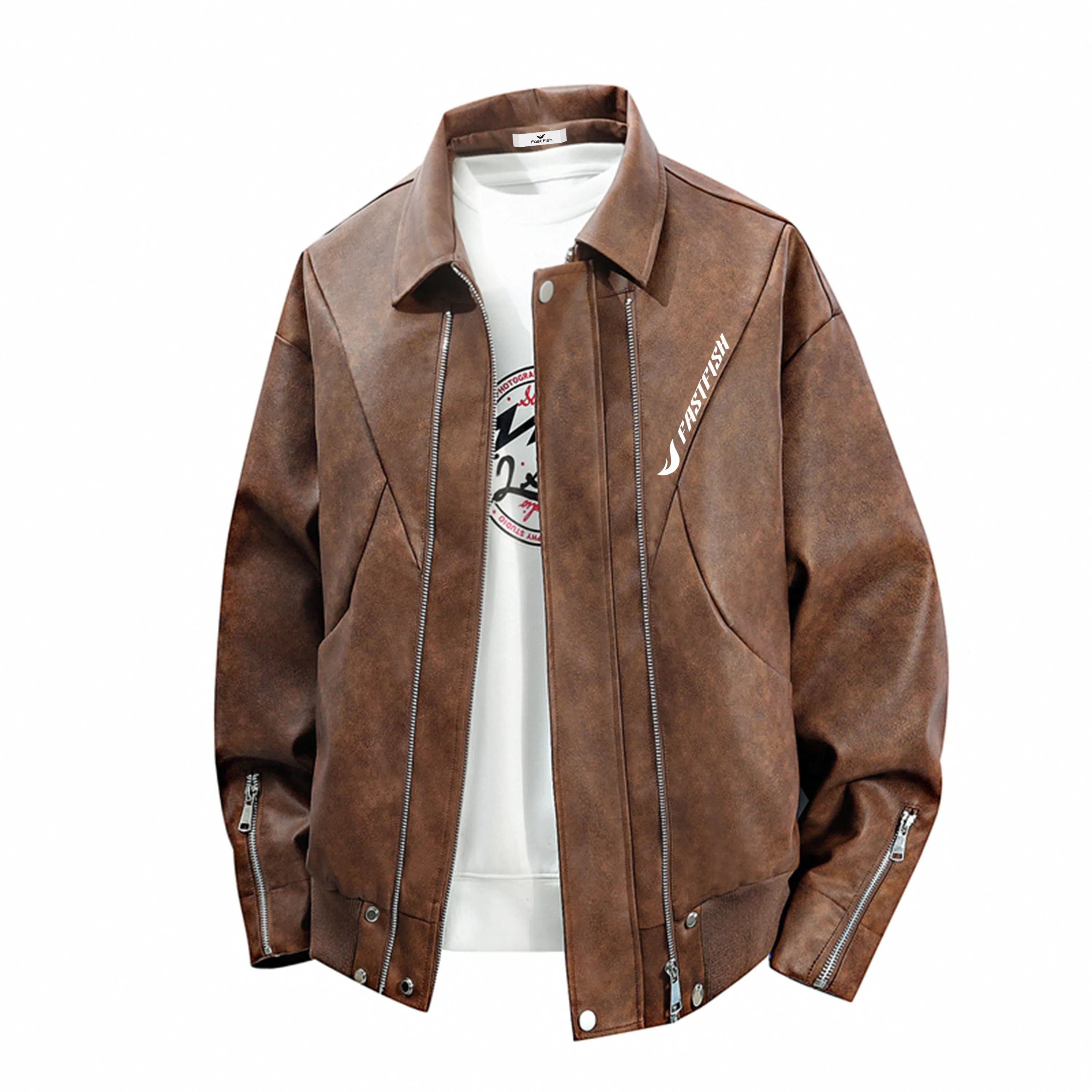 快鱼 美式高街潮流品牌时尚百搭简约舒适袖口可调节耐磨防风经典机车翻领宽松舒适复古长袖皮衣 男女同款