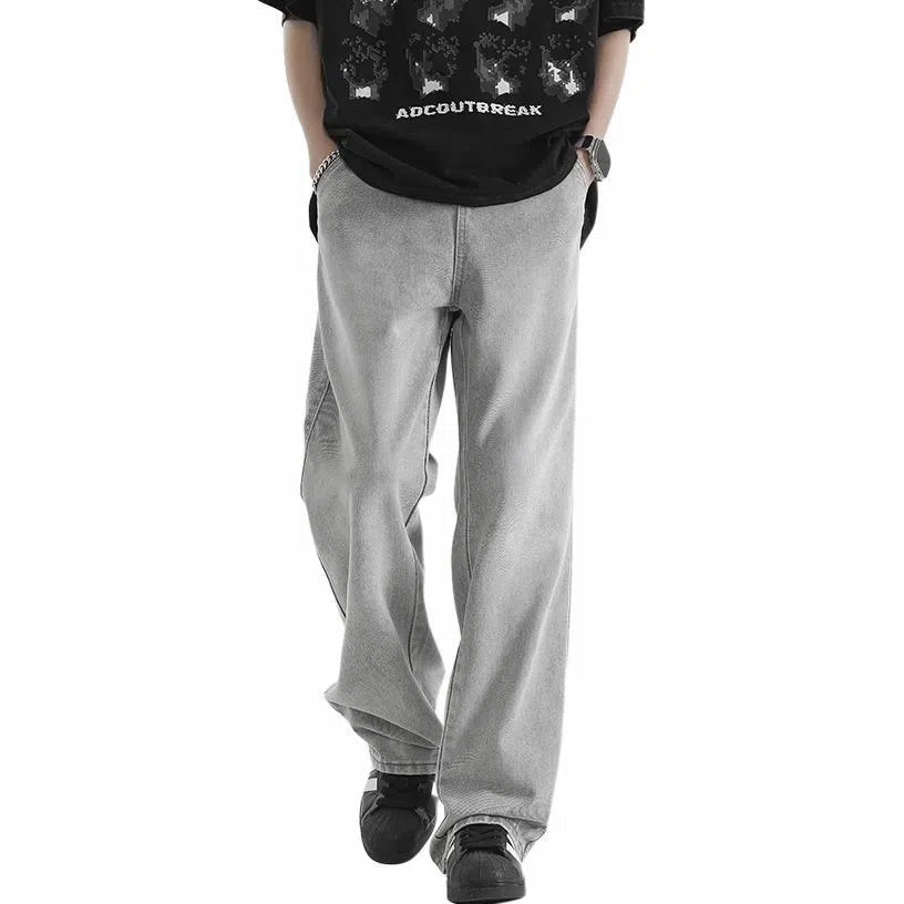 八哥 美式巴黎复古高街简约基础款轻度水洗做旧中腰直筒显高纯色日常通勤时尚休闲宽松垂感阔腿百搭弹力纯色牛仔裤 男女同款