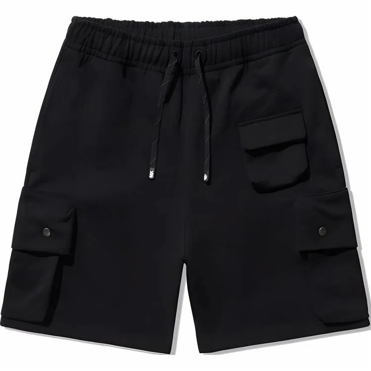 中国李宁 纯色简约系带松紧运动休闲短裤 男款 黑色