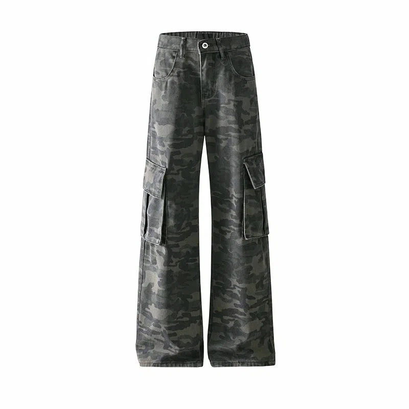 木林森 多口袋设计显高显瘦百搭宽松直筒拖地工装牛仔裤 男女同款 迷彩