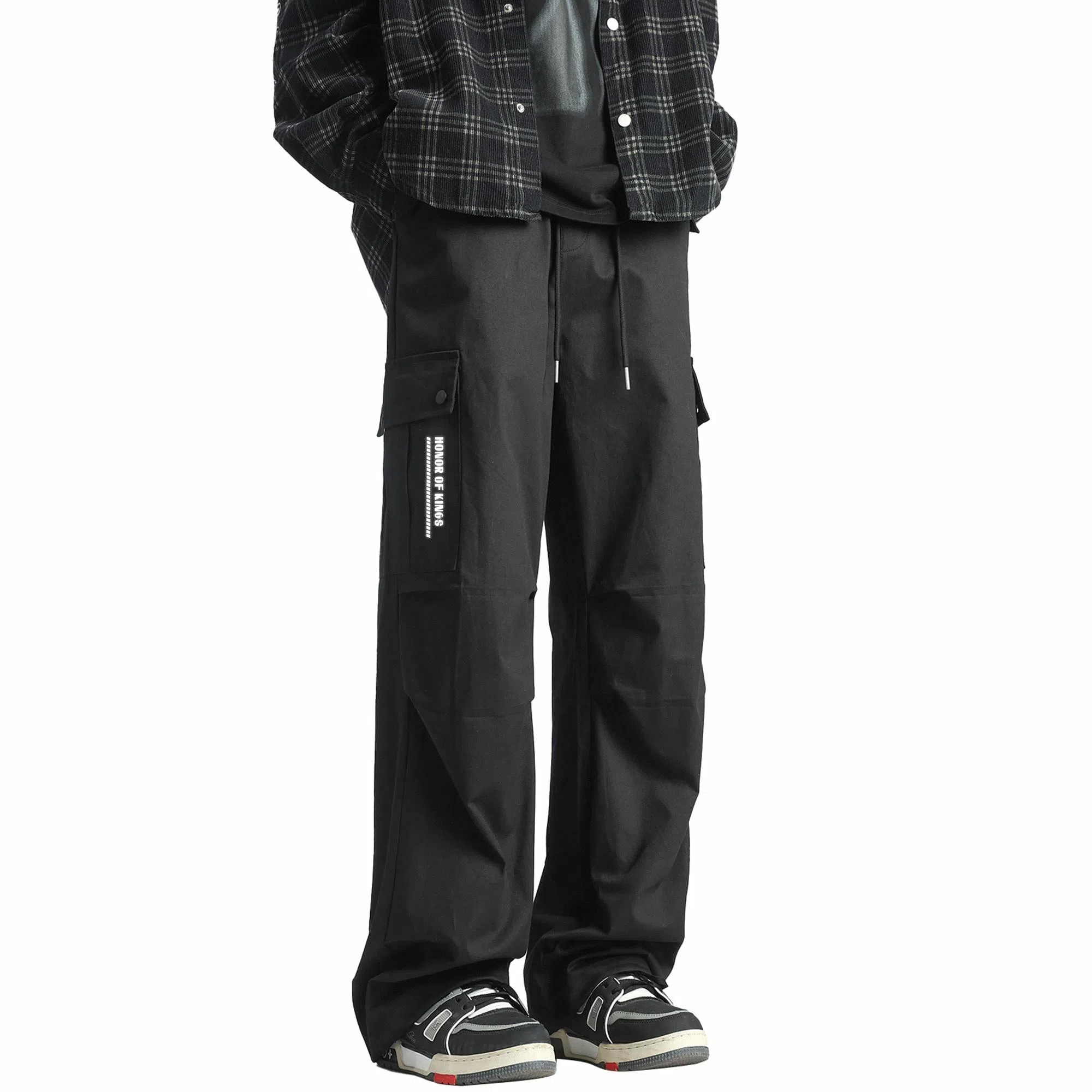 王者荣耀 美式复古高街反光银潮流百搭口袋长裤垂感运动直筒超薄宽松工装裤 男女同款