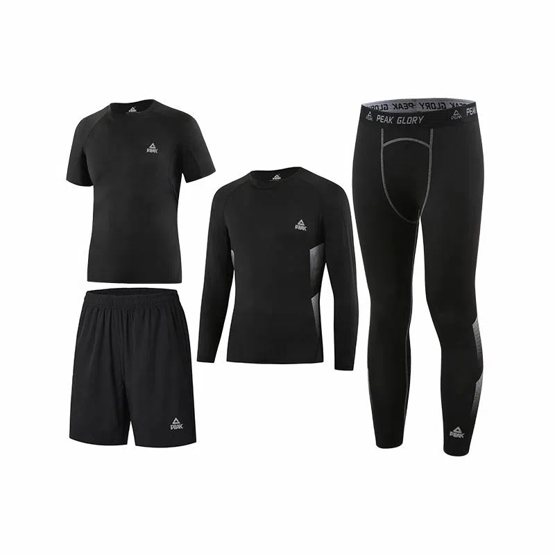 匹克 纯色套头跑步篮球运动紧身速干透气健身四件套休闲运动套装 男款