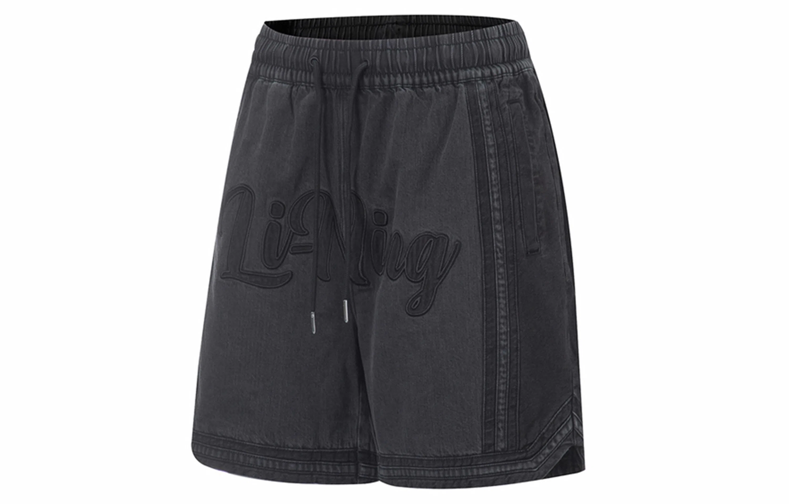 中国李宁 黄金年代 宽松水洗牛仔短裤 男款 黑色