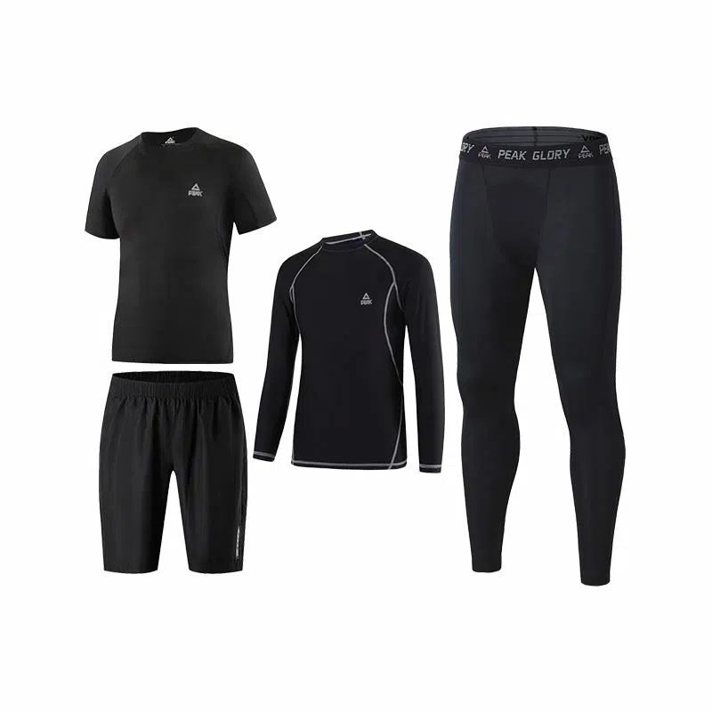 匹克 纯色字母印花休闲跑步健身运动速干透气健身四件套 男款 黑色+黑色