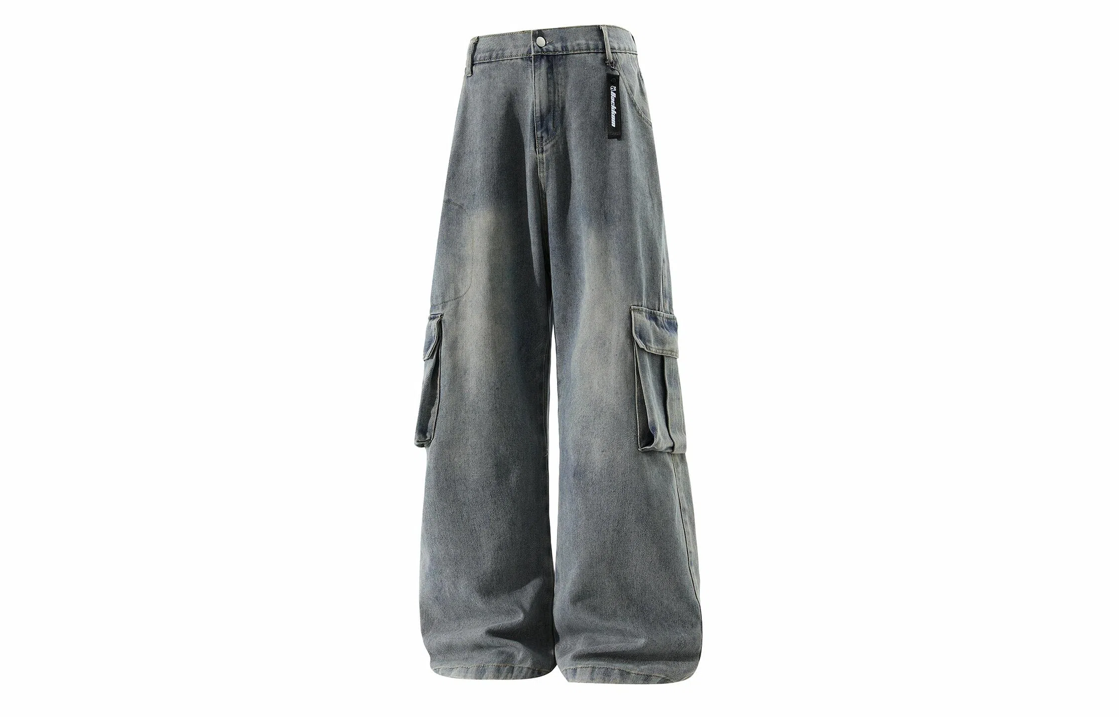 大卫贝肯 美式高街褶皱宽松直筒水洗磨白做旧复古口袋拉链拼接挂件可拆卸设计多口袋阔腿休闲牛仔裤 男女同款