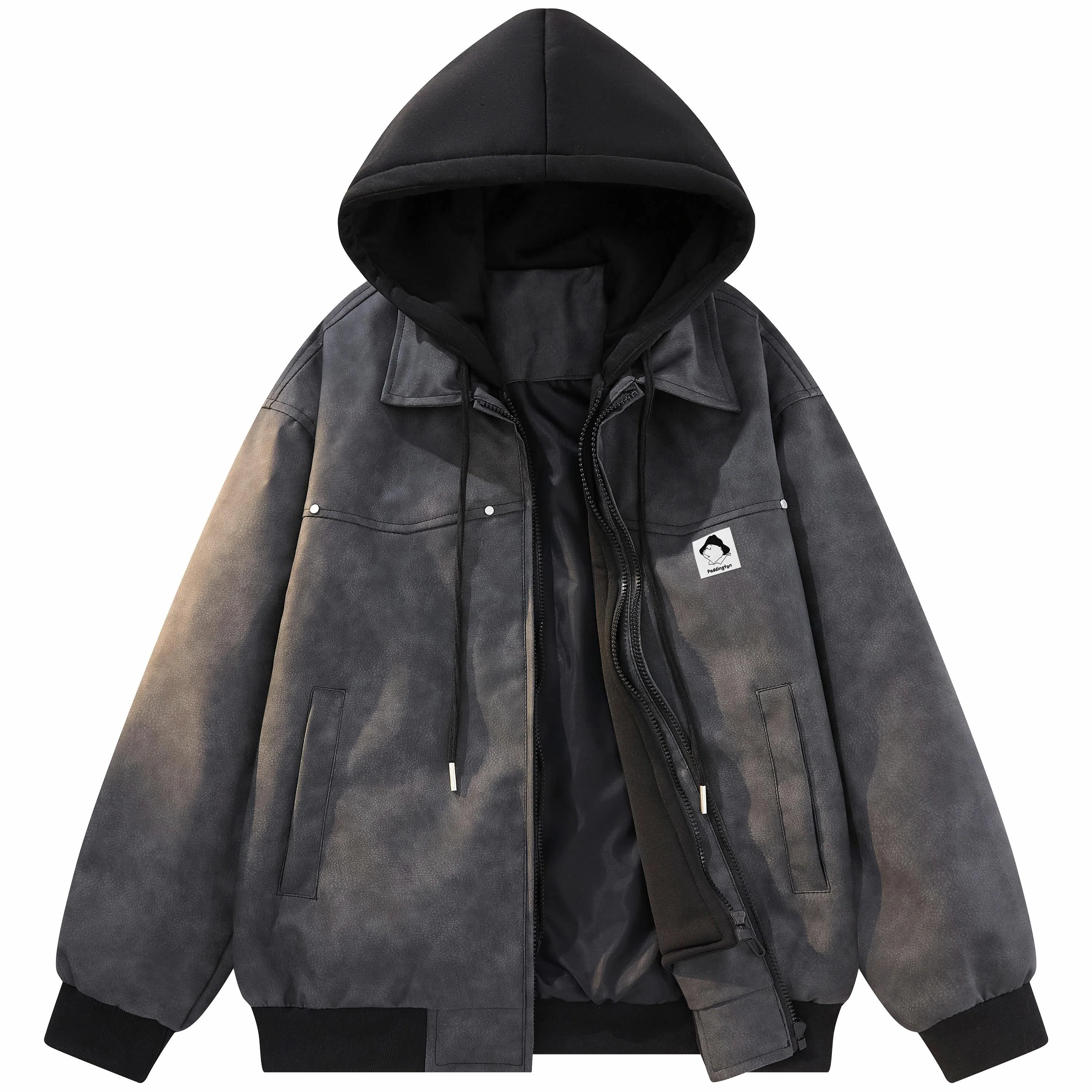 帕丁顿熊 假两件连帽休闲防风宽松皮衣 男女同款