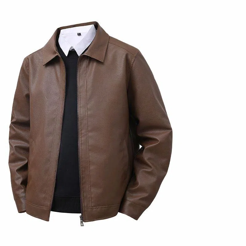 大白鲨 修身翻领防风休闲皮衣 男款