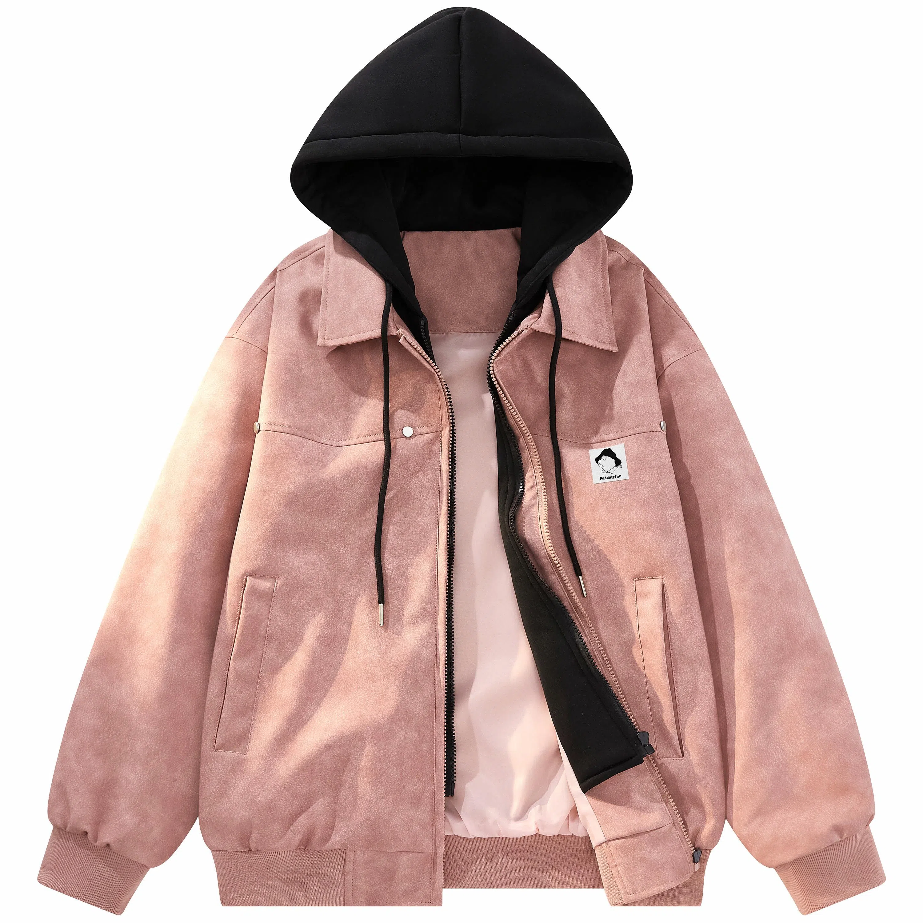 帕丁顿熊 假两件连帽休闲防风宽松皮衣 男女同款