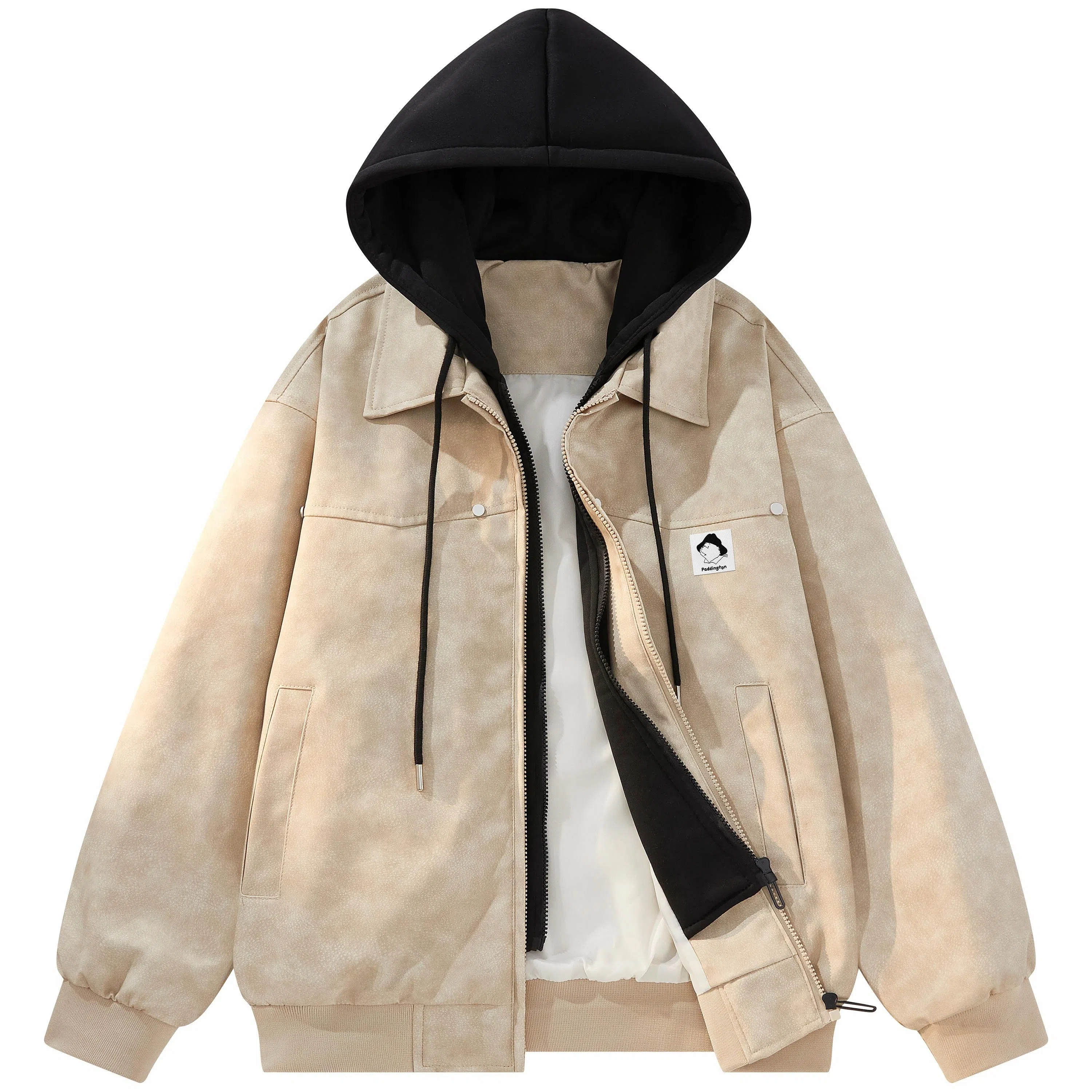 帕丁顿熊 假两件连帽休闲防风宽松皮衣 男女同款