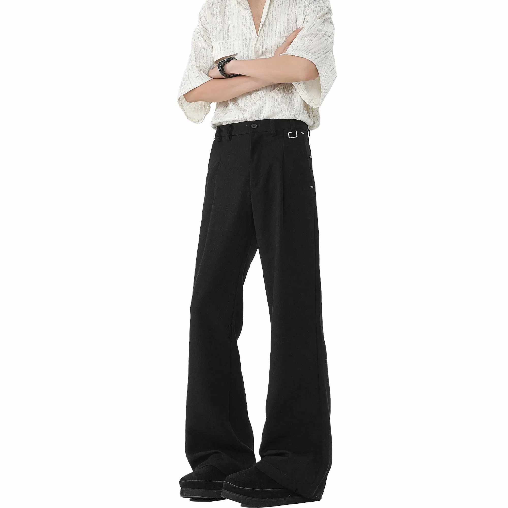 大卫贝肯 美式高街复古简约基础款褶皱订书机设计高级感宽松舒适休闲百搭冰丝西装裤 男女同款 黑色