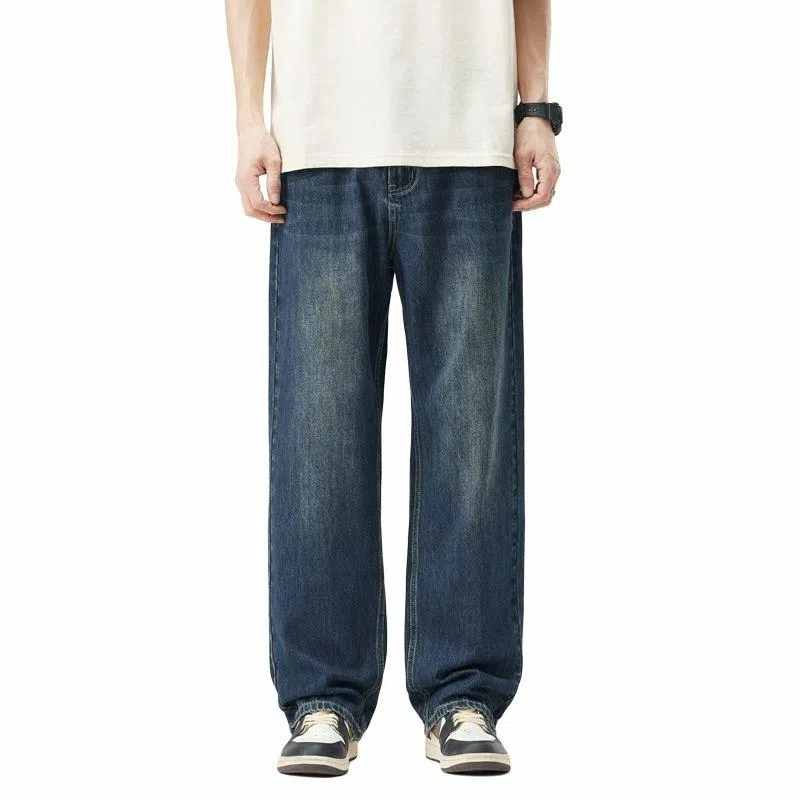 【dme】 美式高街中腰休闲纯色简约宽松直筒牛仔裤 男女同款 怀旧蓝色