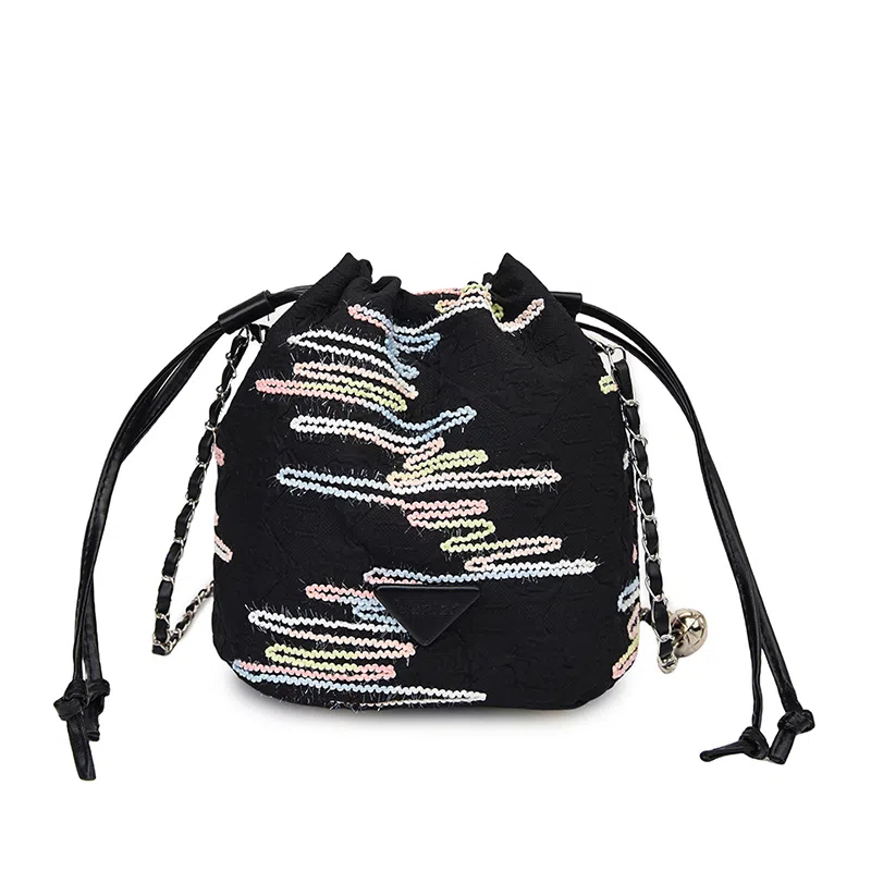 雅鹿 时尚波纹日常通勤优雅大学生上课外出精美配色高级水桶百搭菜篮子印花 尼龙布 斜挎包 男女同款情侣款 黑色/黄色/蓝色/白色/粉色