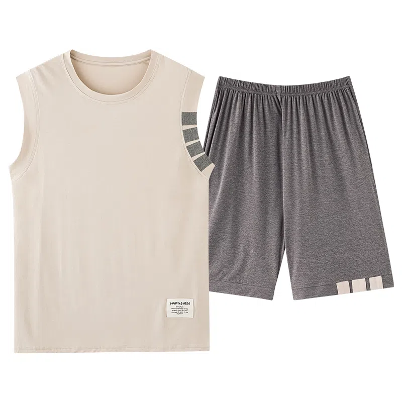 莫代尔 轻盈透气耐磨耐穿圆领休闲简约时尚舒适柔软细腻无袖五分裤睡衣套装 男款 卡其色