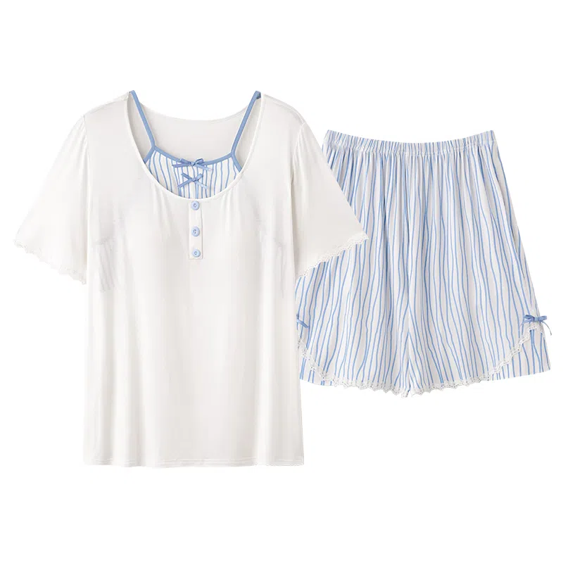 莫代尔 简洁休闲轻盈舒适圆领可外穿轻柔亲肤透气细腻带胸垫防凸点短袖三分裤睡衣套装 女款 蓝色