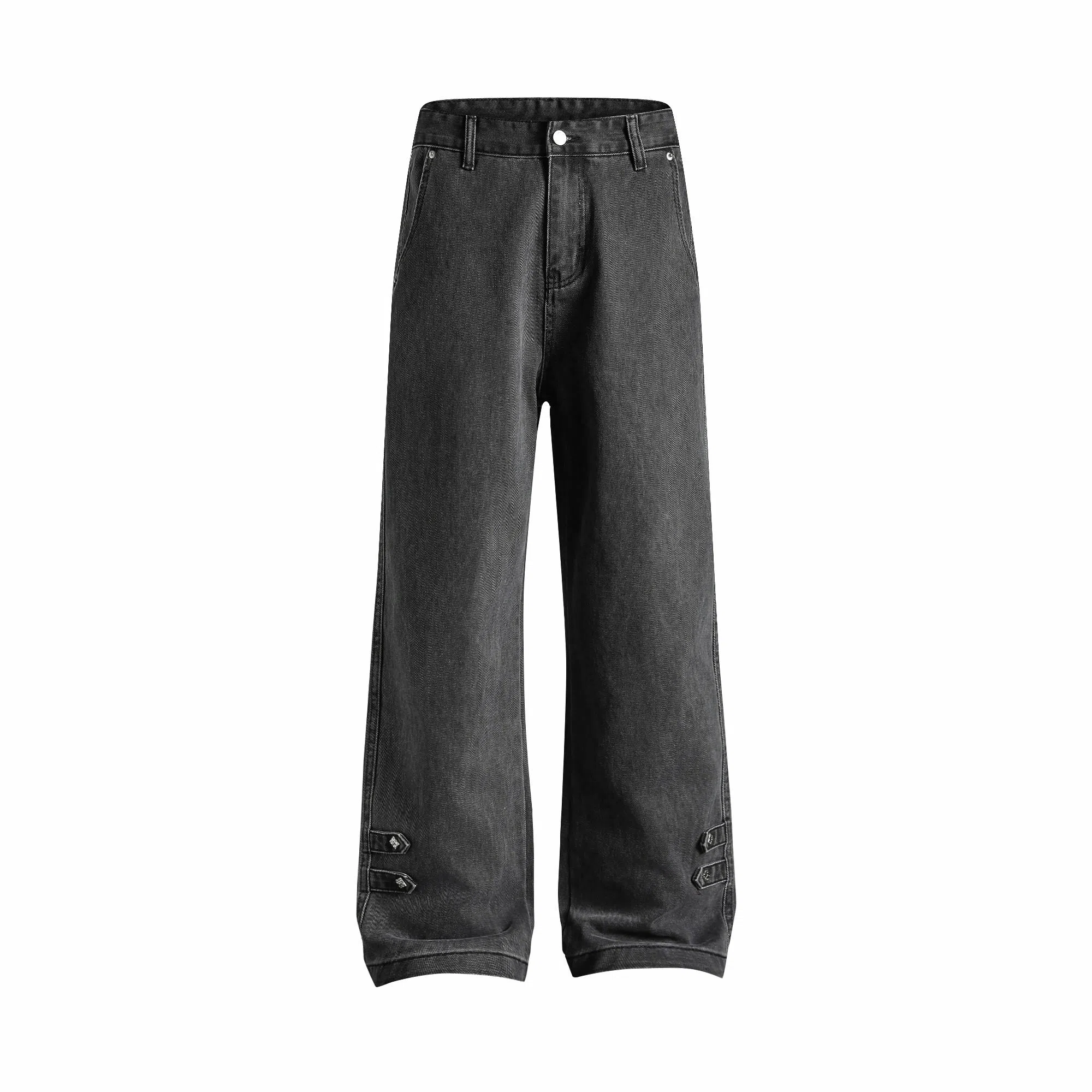 赞仕 美式高街潮牌直筒休闲下摆纽扣小众设计感牛仔裤 男女同款