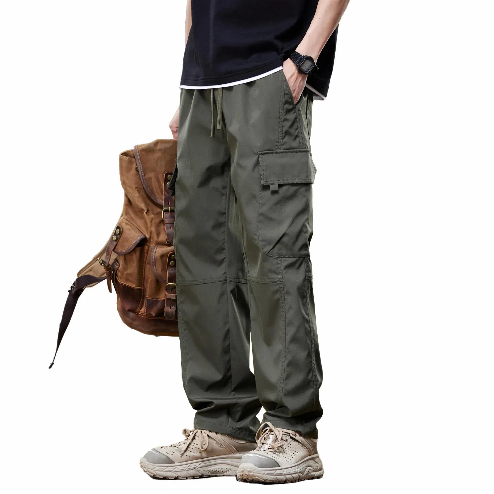 人本 户外百搭纯色中腰系带直筒宽松休闲裤 男女同款 黑色