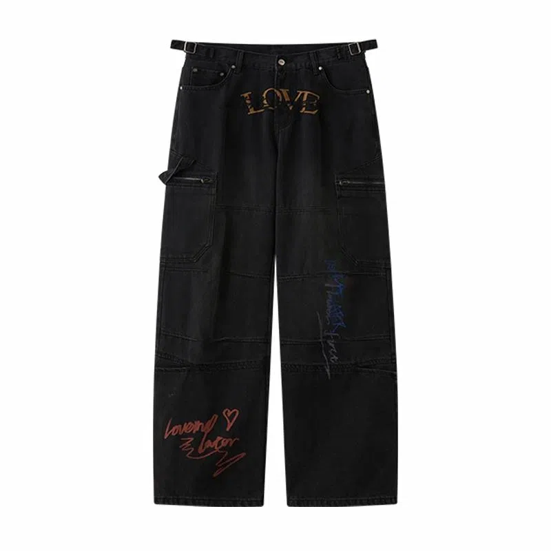 LOVE ME LATER Graffiti Embroidered Jeans Black