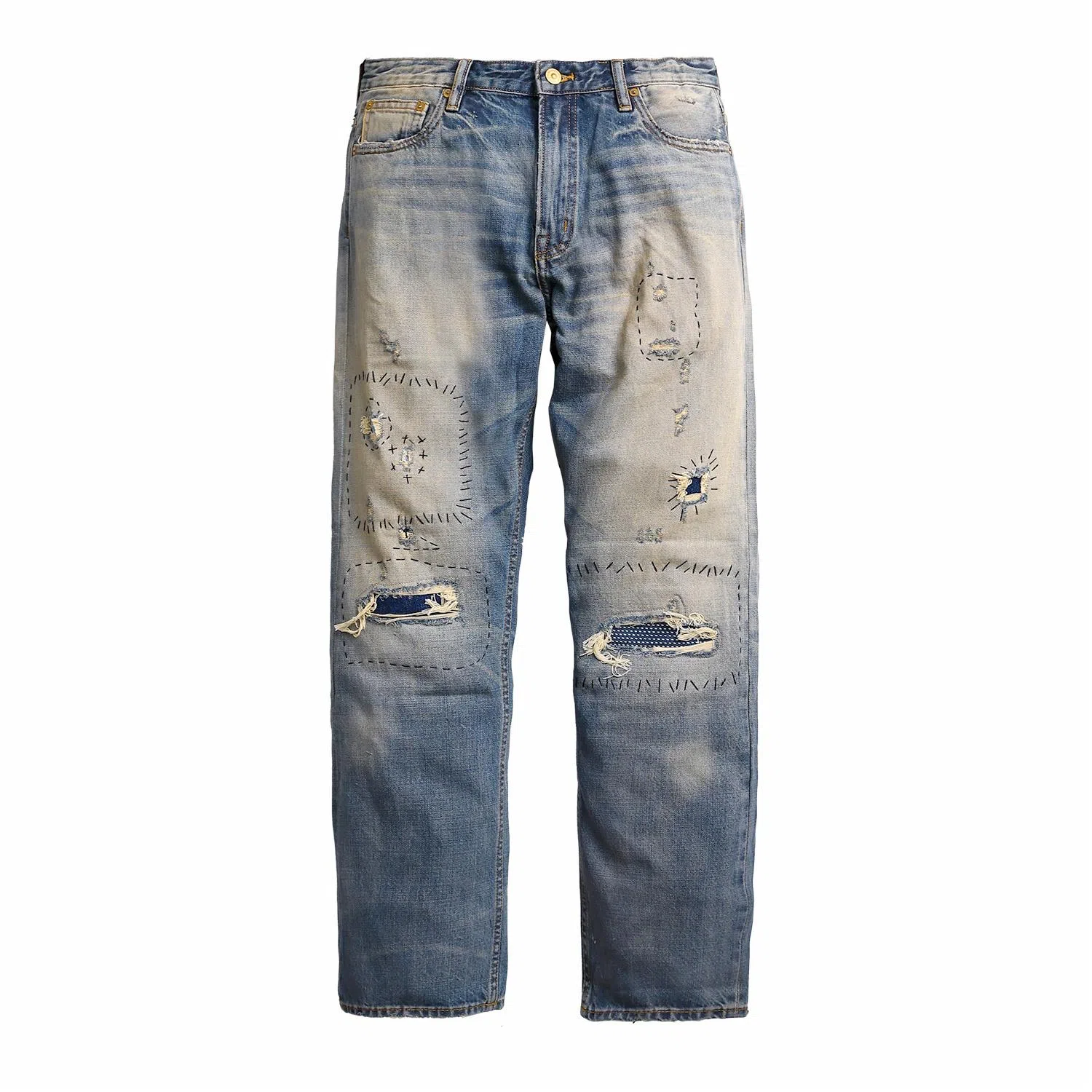 实年服工 手工缝线款重磅做旧水洗破洞补丁赤耳牛仔裤 男款 复古深蓝