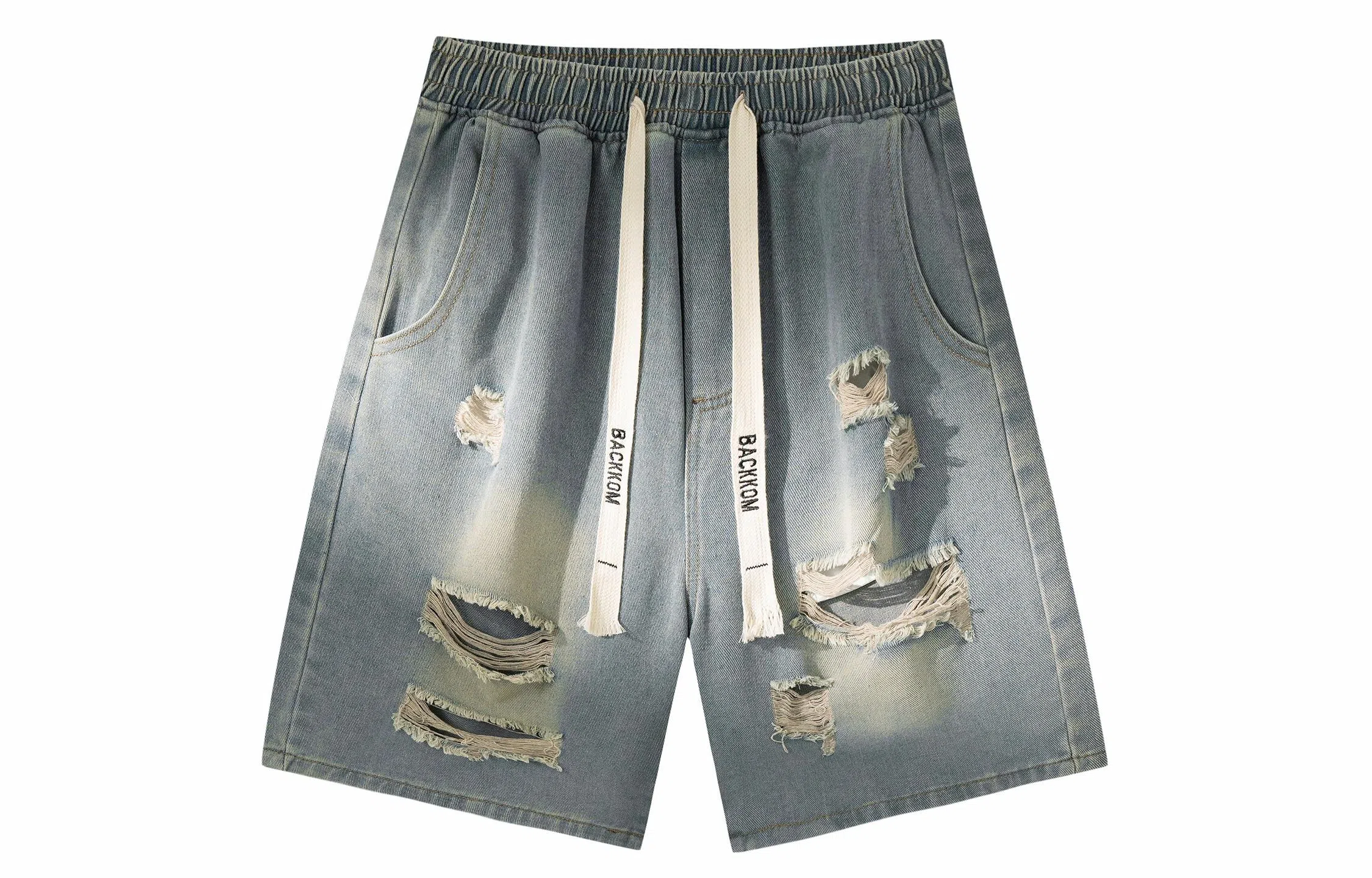 大卫贝肯 美式高街破洞水洗字母松紧腰抽绳宽松直筒休闲五分牛仔短裤 男女同款