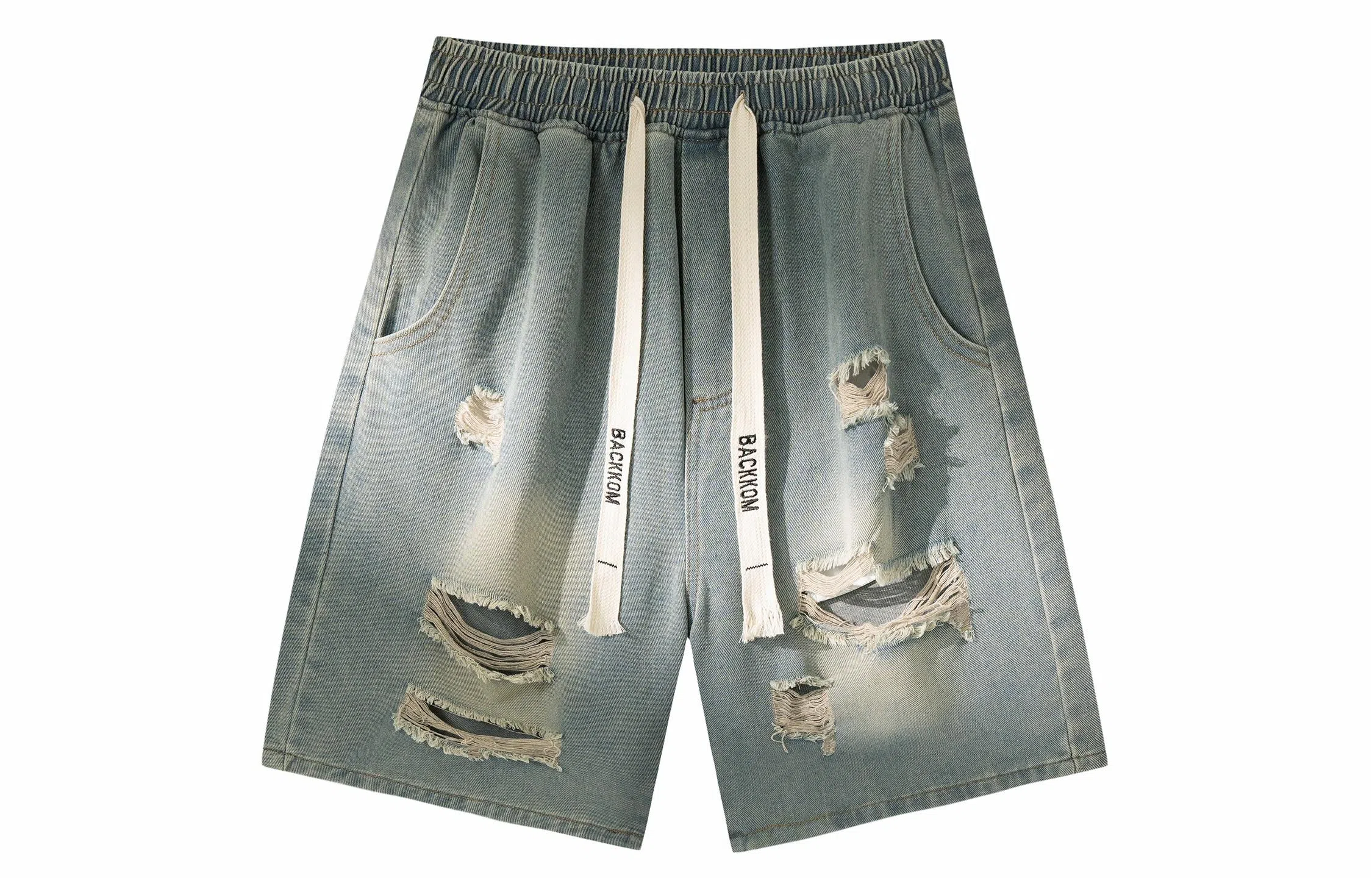 大卫贝肯 美式高街破洞水洗字母松紧腰抽绳宽松直筒休闲五分牛仔短裤 男女同款