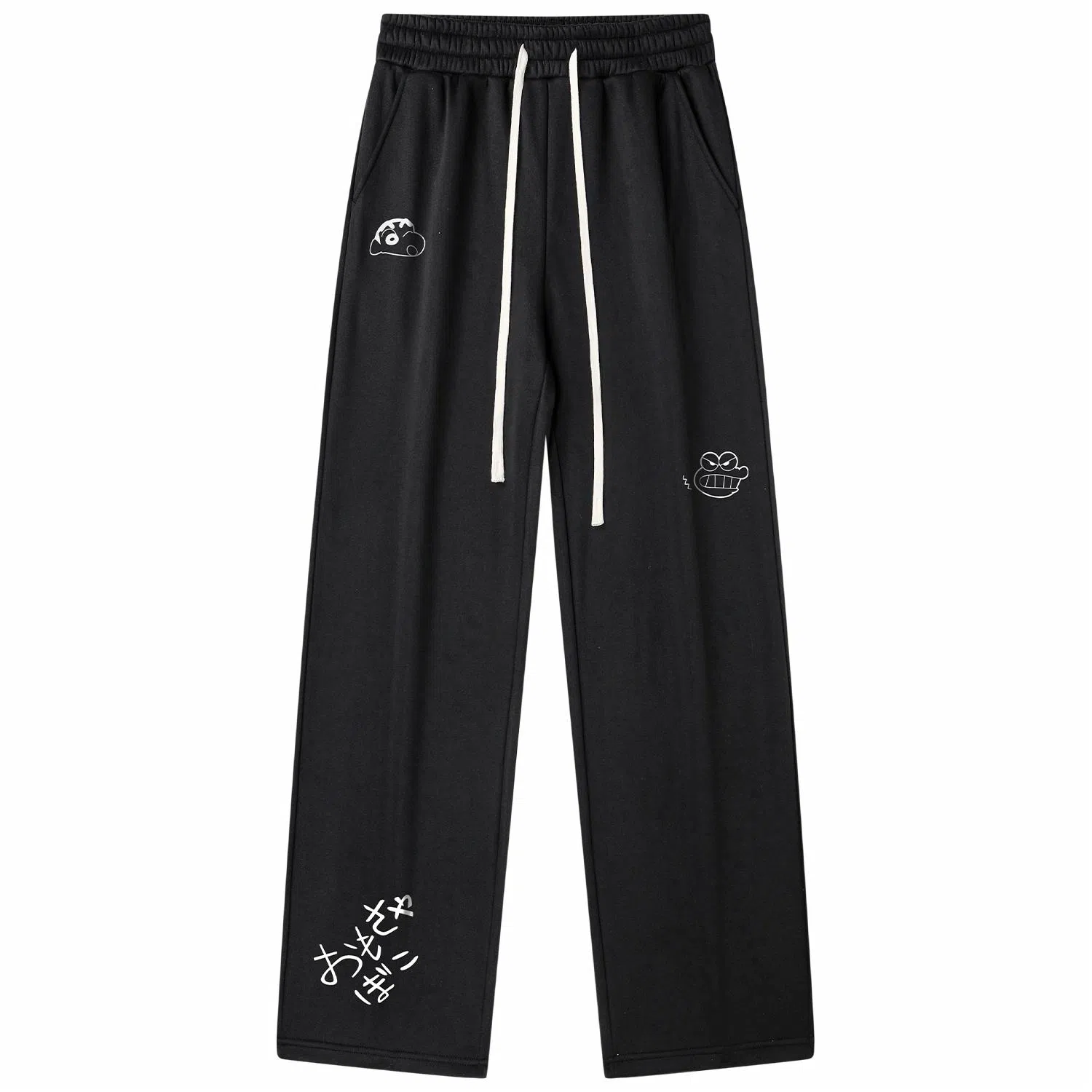 蜡笔小新 趣味卡通人物印花抽绳宽松直筒休闲裤 男女同款