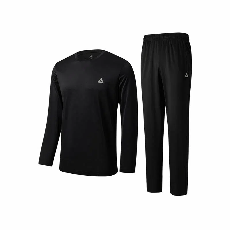 匹克 综合运动系列 圆领长袖套装保暖防风简约百搭保暖服休闲运动套装 男款 黑色