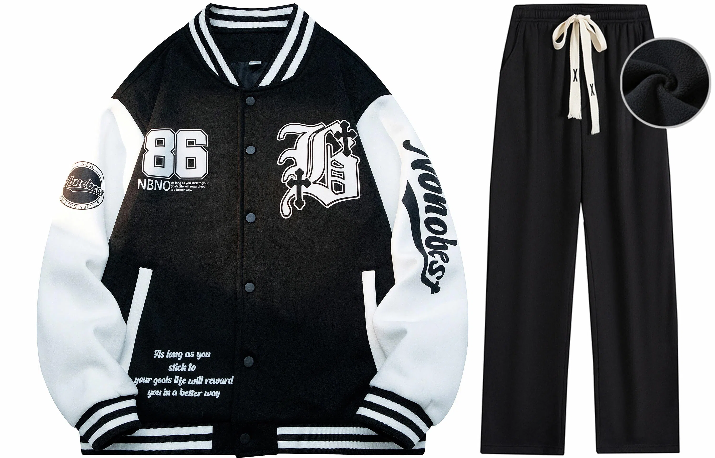 NBNO Retro Letter Logo Baseball Jacket Set